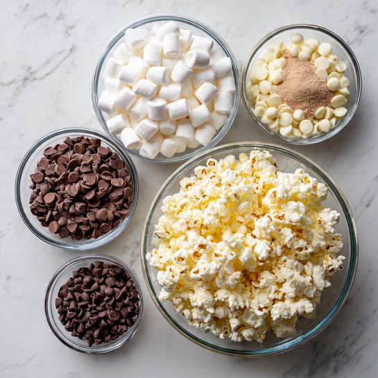 The image shows five clear glass bowls placed on a white marbled surface, each holding different ingredients for making a treat. At the bottom right, the largest bowl is filled with fluffy pale yellow popcorn. Above it and to the left, there is a bowl filled with small, white mini marshmallows. Above it and slightly to the right is a bowl of white chocolate chips. To the top right side, a bowl holds a light brown powder, likely cocoa or chocolate drink mix. In the middle, there is a smaller bowl containing dark brown mini chocolate chips. The arrangement is neat and the bowls are all transparent, showing the popcorn and ingredients clearly, photo taken with an iphone --ar 4:5 --v 7