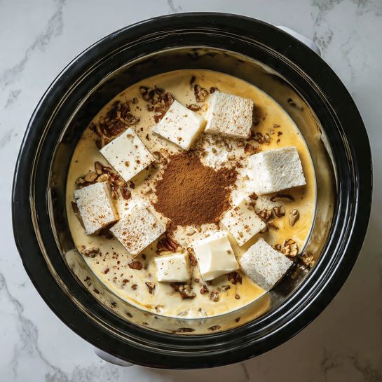A tall black slow cooker shows six steps of making a dessert. In the first step, the slow cooker is filled with a layer of milk and whole eggs, sprinkled with a mound of brown cinnamon powder in the middle. Step two shows the milk and eggs mixed, turning a light brown color with small yellowish bubbles on the surface. In step three, square pieces of white bread are evenly spread over the liquid, covering the base. Step four adds a thin layer of chopped nuts, scattered all over the bread pieces, lightly soaking in the mix. Step five shows a thick layer of light brown sugar sprinkled evenly on top of the nuts and bread. In the final step, small chunks of pale butter are placed randomly on top of the brown sugar layer. The slow cooker is set against a white marbled surface. photo taken with an iphone --ar 4:5 --v 7