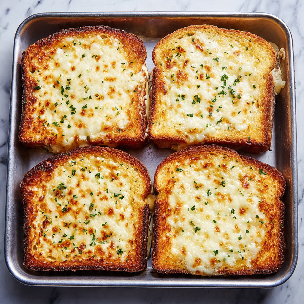 The image shows four golden brown grilled cheese sandwiches in a metal pan, each sandwich square with melted cheese visible and sprinkled with small green herbs on top. The cheese is slightly crispy and bubbly, covering the entire surface of each bread slice, which is toasted to a light brown color with some darker spots. The sandwiches are evenly placed in rows of two and two, filling the pan. The background surface is a white marbled texture. Photo taken with an iphone --ar 4:5 --v 7