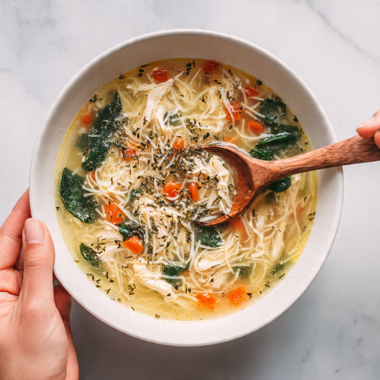 A white bowl filled with clear chicken soup resting on a white marbled surface. The soup has three visible layers: the bottom layer is a light yellowish broth, the middle layer contains shredded white chicken and small orange carrot pieces, and the top layer includes dark green spinach leaves floating alongside herbs sprinkled evenly on the surface. A woman's hand is holding a light wooden spoon stirring inside the bowl. photo taken with an iphone --ar 4:5 --v 7