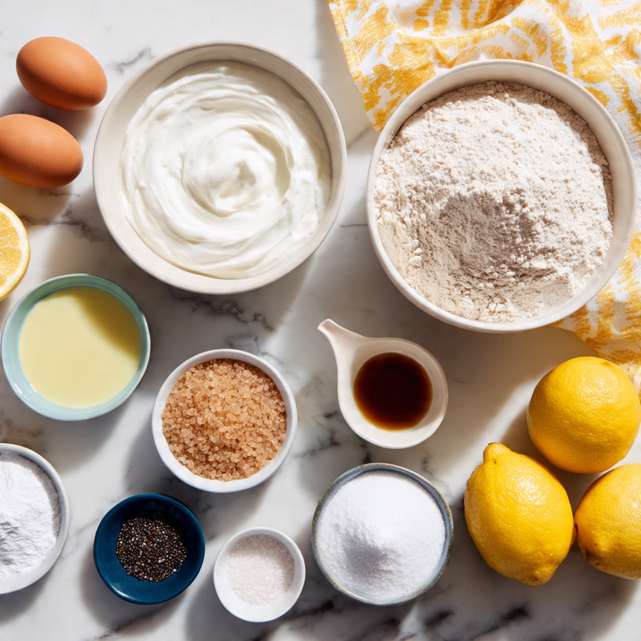 The image shows a neat arrangement of baking ingredients on a white marbled surface. In the center, there is a white bowl filled with thick white yogurt, and above it to the right, a larger white bowl holds light brown flour with a coarse texture. To the left of the flour bowl, two brown eggs rest side by side near a halved lemon showing its bright yellow inside. Below the eggs, a small white bowl with a light blue inside contains melted butter with a smooth shiny surface. Near the yogurt bowl’s bottom right is a white bowl filled with light brown sugar crystals. A small white bowl with dark black seeds is placed below the sugar, and next to it, a small dark blue dish holds white and light pink powders, likely salt and baking soda. A tiny white cup with dark amber vanilla extract sits near the melted butter. At the bottom of the image, two whole bright yellow lemons lie side by side. A white and yellow patterned cloth is partially folded on the right edge. photo taken with an iphone --ar 4:5 --v 7