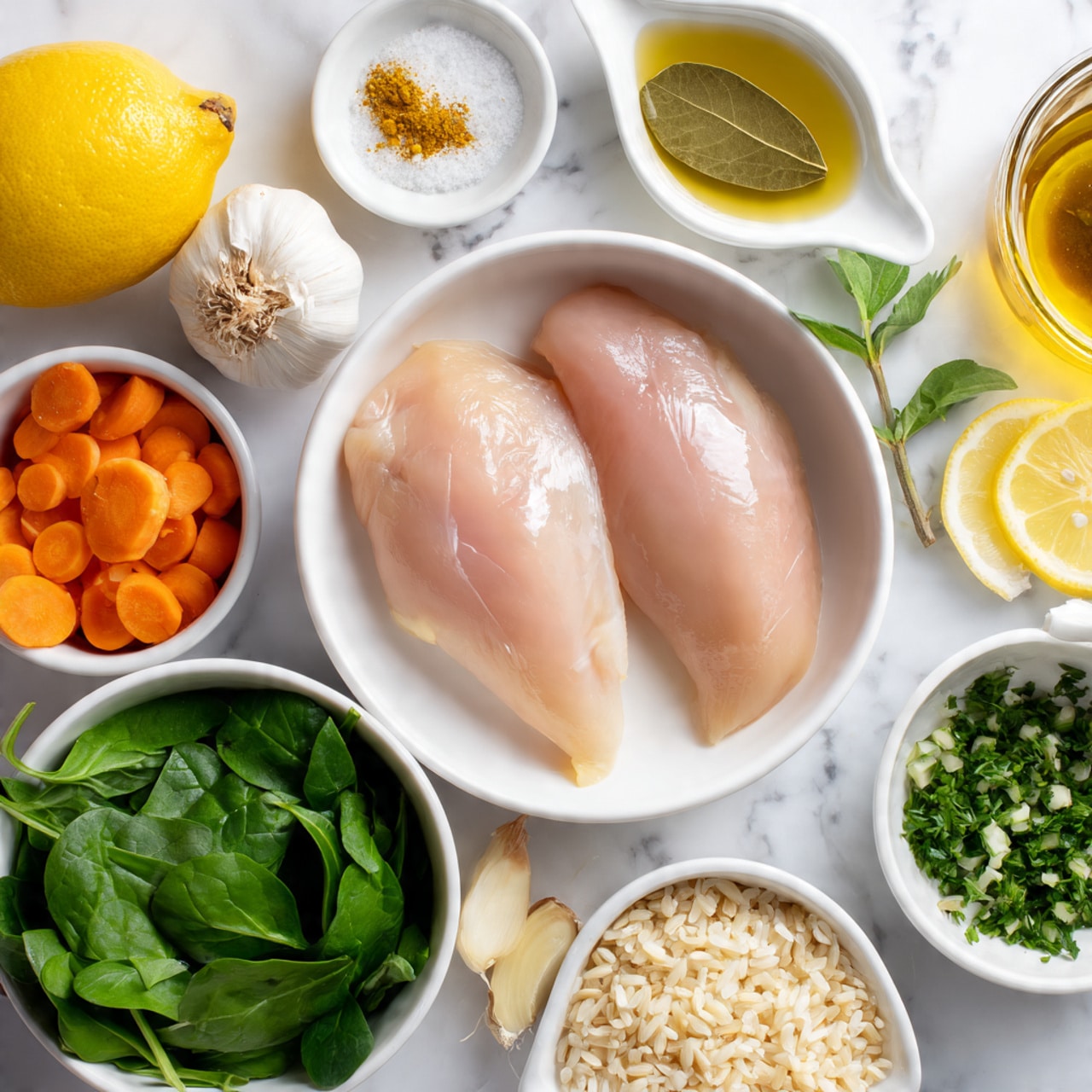 The image shows a white bowl in the center with two raw chicken fillets placed side by side, surrounded by small white bowls with different ingredients. Starting from the top and moving clockwise, there is a small bowl with a green bay leaf and yellow spice, a bowl with fresh green spinach leaves, lemon wedges, orange carrot slices, chopped white onion, a clear bowl with broth, finely chopped green herbs, a garlic bulb, a bowl with light brown rice, chopped green celery, crushed white garlic, olive oil, and salt. All bowls are on a white marbled surface. A woman's hand is not in the frame. The lighting is bright and natural, making the colors of the ingredients stand out. photo taken with an iphone --ar 4:5 --v 7