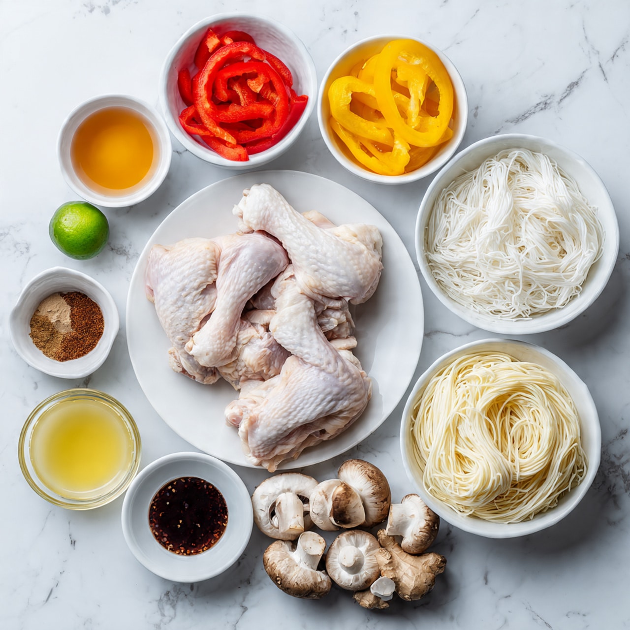 The image shows a top-down view of several white bowls and a white plate placed on a white marbled surface. In the center, there is a white plate with two pieces of raw chicken. Surrounding the plate, there are seven white bowls arranged around it: one contains red and yellow bell peppers, one with small mushrooms, one filled with white noodles, another with a dark paste, one with brown powder (likely spices), one with a golden liquid, and one with a white liquid. A lime and a small piece of ginger are also visible on the left side of the plate. photo taken with an iphone --ar 4:5 --v 7