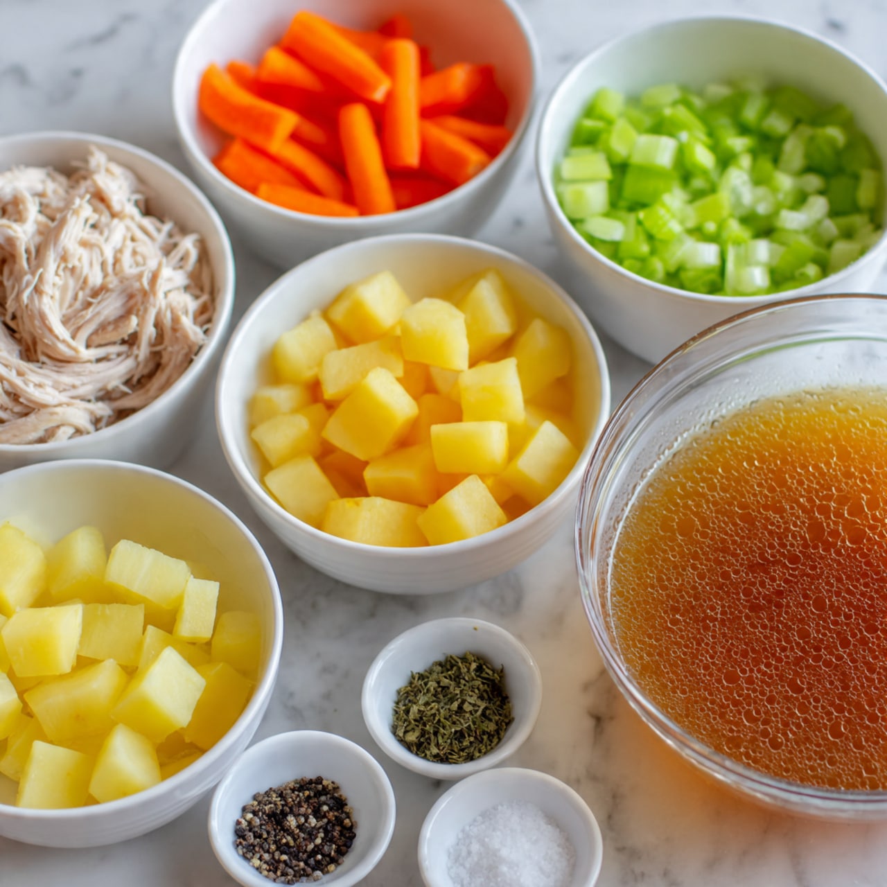 The image shows seven white bowls and one clear bowl on a white marbled surface. The largest clear bowl on the right side holds brown broth with tiny bubbles. To the left of it, there is a clear bowl filled with shredded white chicken. Above that, there is a white bowl with bright orange carrot slices. Below the chicken, there is a white bowl full of yellow cubed potatoes. Next to the potatoes, a smaller white bowl contains chopped green celery. Finally, at the bottom right, two very small white bowls hold white salt crystals and black ground pepper. Photo taken with an iphone --ar 4:5 --v 7