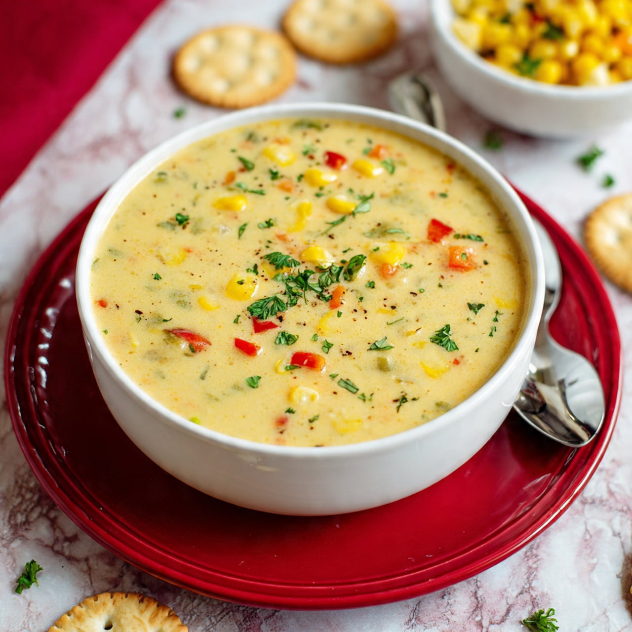 A deep white bowl filled with a creamy yellow soup that has visible pieces of red and green bell peppers floating on top, along with whole yellow corn kernels scattered throughout. The soup surface is smooth with small bits of herbs sprinkled as garnish. The bowl sits on a red plate on a white marbled surface, and small round crackers are scattered around the plate's edge. In the background, there is a blurred white bowl filled with more corn and some green herbs. A woman's hand holds a spoon resting on the left side of the bowl. Photo taken with an iphone --ar 4:5 --v 7