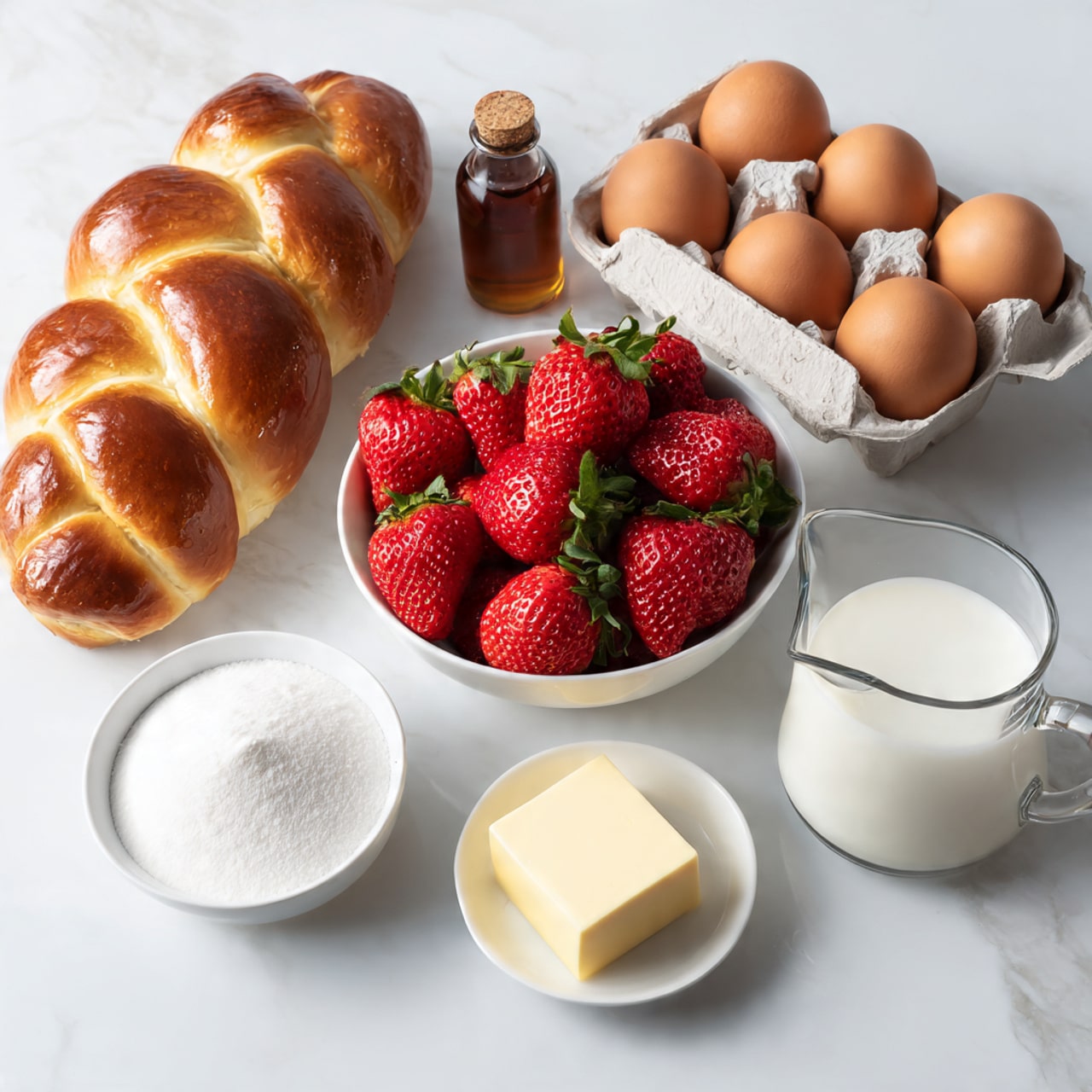 A photo shows ingredients arranged on a white marbled surface: a white bowl full of bright red strawberries with green leaves in the center, a white bowl with white sugar below it, a white bowl with a small square of butter on the lower right, a glass measuring cup filled with white milk on the right, a package of golden brown braided bread on the left, a small brown bottle of vanilla extract above the bread, and a carton with four brown eggs on the upper right. Photo taken with an iphone --ar 4:5 --v 7