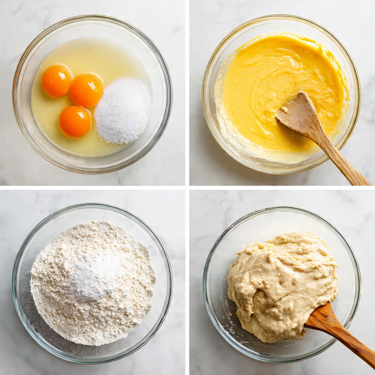 A set of four images showing the dough-making process in a clear glass bowl on a white marbled surface. The first image shows two whole eggs with bright orange yolks on the right side, a pile of white sugar in the middle, and a thick pale yellow liquid around them. The second image shows the mix turned into a smooth, thick, bright yellow batter with a wooden spoon stirring on the right side. The third image shows a heap of white flour with a pinch of salt on top added over the smooth yellow batter, creating a contrast of dry and wet ingredients. The fourth image shows the ingredients mixed together into a thick, pale beige dough clumped in the bowl, with the wooden spoon resting inside the dough on the right side. All photos have a clear, natural lighting showing the textures well. photo taken with an iphone --ar 4:5 --v 7
