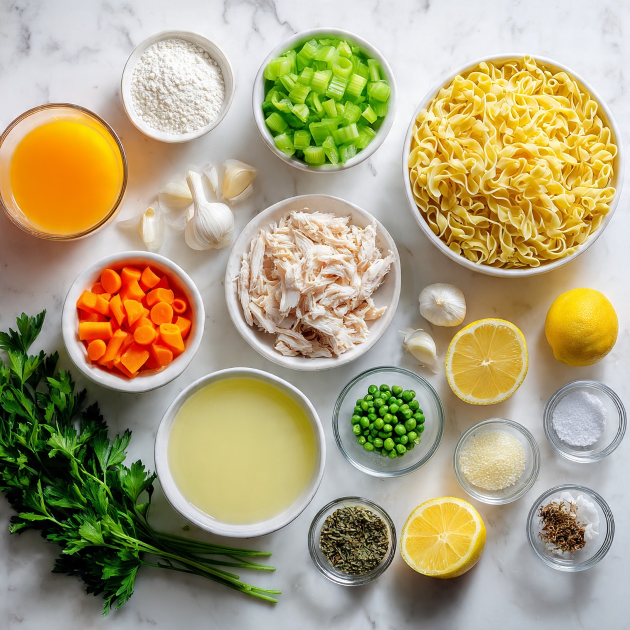 The image shows ingredients neatly arranged on a white marbled surface. In the top left corner, there is a small glass of orange liquid, next to a small pile of white flour. Below that, a small white bowl holds orange carrot slices, and beside it, another white bowl contains chopped green celery. Toward the top right, there is a white bowl full of uncooked yellow egg noodles. Next to it, a small white bowl of pale yellow liquid is placed. Two lemon halves are on the right side with a small glass bowl of shredded light brown chicken meat nearby. In the middle, there is a cluster of whole white garlic bulbs, a small pile of salt, and black pepper. Close to the bottom left, fresh green parsley leaves lay on the surface. Small glass bowls contain peas, white diced onions, and two different kinds of dried herbs or spices. The items are all brightly colored and clearly visible, arranged in an orderly way. photo taken with an iphone --ar 4:5 --v 7