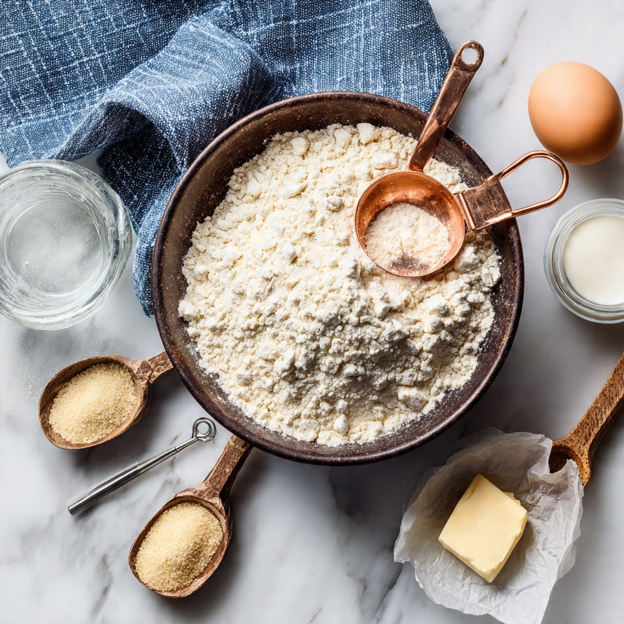 A dark brown bowl sits on a white marbled surface with a blue and white striped cloth nearby. Inside the bowl, there is a mound of light beige flour with a copper measuring cup resting on top. Around the bowl on the marbled surface, starting from the top right, there is a small piece of yellow butter on translucent white paper, a clear glass jar with water, a brown egg, and four wooden-handled measuring spoons filled with different white powders and liquid: the biggest one has white sugar, the second largest contains white milk, the third has a light tan granulated substance, and the smallest holds a fine white powder. photo taken with an iphone --ar 4:5 --v 7