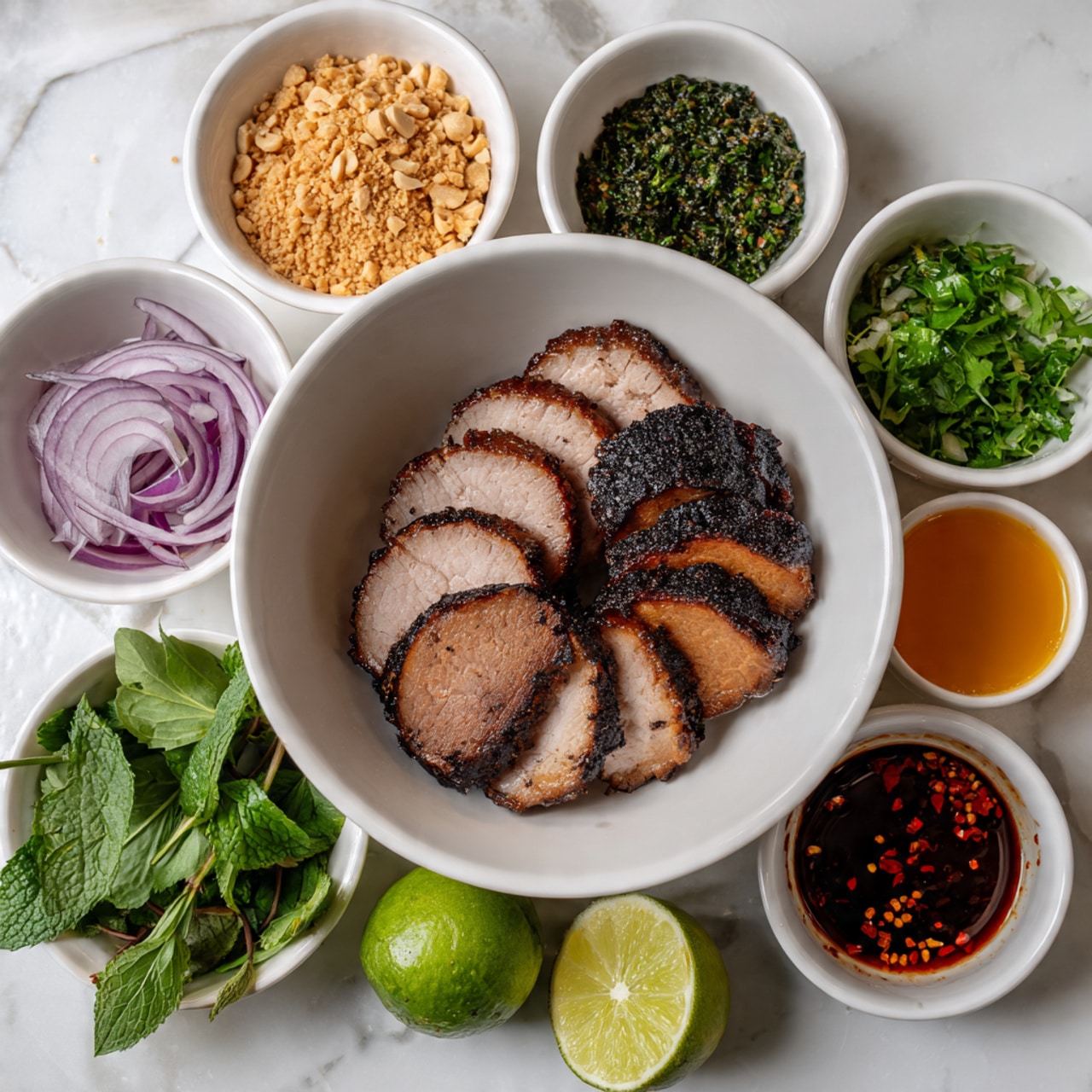 The image shows a round white bowl in the center filled with several slices of grilled meat, cooked with a pink middle and dark char marks on the edges. Around the bowl are six small white bowls, each holding different ingredients: one with light brown crushed peanuts, one with dark green chopped herbs, one with thin slices of purple onion, one with fresh green leafy herbs, one with a golden liquid sauce, and one with dark red chili flakes. Below the bowls are two lime wedges resting on a white marbled surface. The whole setup is bright and clean, arranged neatly for preparing a fresh dish, photo taken with an iphone --ar 4:5 --v 7
