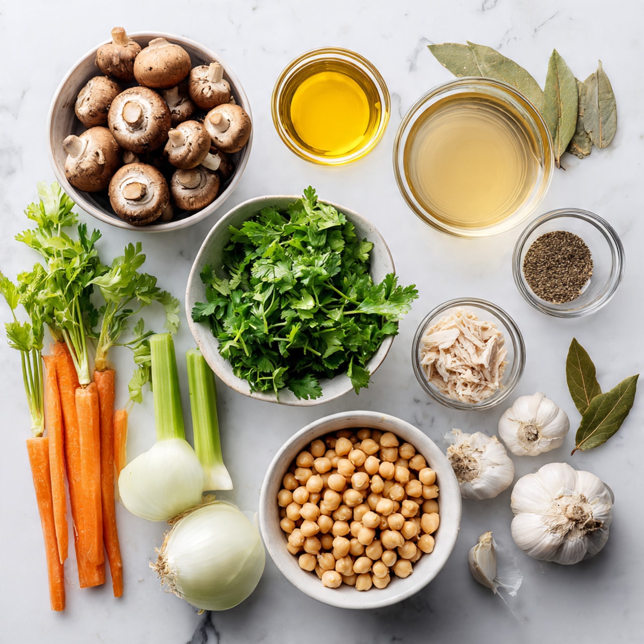 The image shows a collection of ingredients neatly placed on a white marbled surface. At the center is a white bowl filled with fresh green cilantro leaves. Surrounding it, clockwise from the top left, are whole brown mushrooms in a white bowl, a small glass of golden yellow oil, two fresh celery stalks, two whole orange carrots, a small glass bowl of salt, shredded white chicken in a white bowl, a bowl filled with light beige chickpeas, a glass container holding pale yellow broth, two bay leaves, a few whole garlic cloves, and two thick pieces of sliced white onion. The woman’s hand is not visible but the setup feels ready for a fresh, healthy meal preparation. Photo taken with an iphone --ar 4:5 --v 7