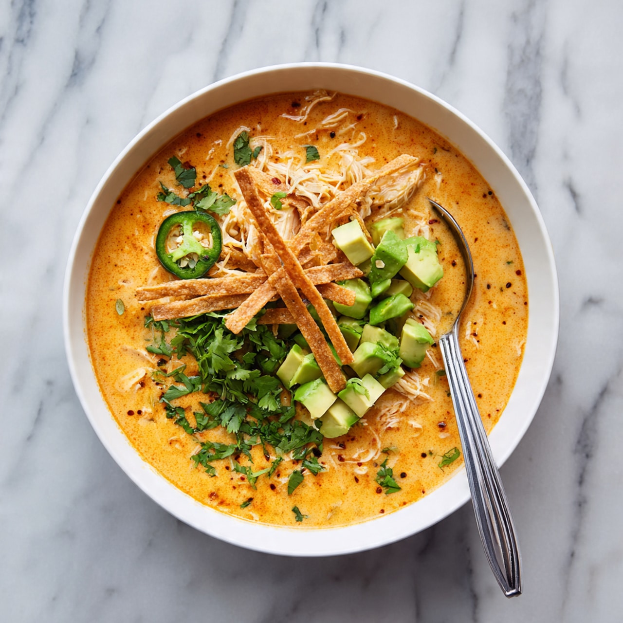 A white bowl shows four stages of making soup. In the first bowl, chopped green celery, light orange carrot slices, white chopped garlic, and spices with colors black, green, and white sit in separate sections on top. In the second bowl, light pink raw chicken is held by tongs over yellow broth with herbs floating in it. The third bowl is filled with cooked tortellini pasta in the yellow broth with bits of celery and carrots visible. In the fourth bowl, the tortellini soup is topped with chopped cooked chicken, green fresh herbs, and grated yellow lemon zest. All bowls are on a white marbled surface. Photo taken with an iphone --ar 4:5 --v 7