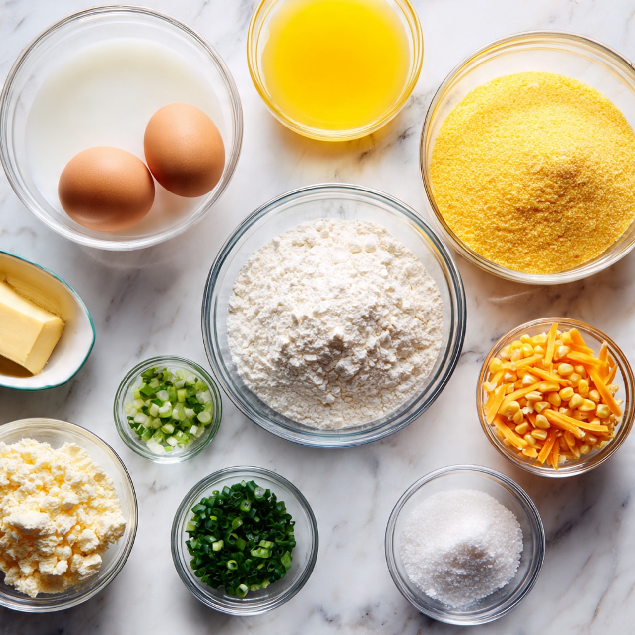 A top view of several glass and white bowls arranged on a white marbled surface, each containing different ingredients for cooking. The biggest bowl in the center has two layers of yellow cornmeal and white flour side by side. To its left is a glass bowl filled with white liquid and below it, a white oval bowl with two eggs, one brown and one light beige. Next to the eggs is a glass bowl with bright yellow melted butter. On the right side of the big bowl, a small glass bowl has yellow corn kernels, and beside it, another small bowl contains thin orange cheddar cheese strips. Below these, a small glass bowl is full of light green chopped green onions. Three very small glass bowls have white powders and crystals arranged vertically between the corn, cheese, and onions. Photo taken with an iphone --ar 4:5 --v 7