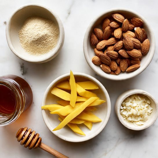 The image shows four small white bowls arranged neatly on a white marbled surface. The top right bowl is filled with whole almonds, their smooth brown skins visible and slightly shiny. The top left bowl holds a light beige powder, fine and soft in texture. Below it on the left side are several thin yellow mango strips, slightly curled and stacked loosely. The bottom right bowl contains small, finely chopped white pieces, which look smooth and slightly translucent. In the lower left corner, a small glass jar with a dark brown liquid and a wooden honey dipper resting on its edge adds contrast to the arrangement. Photo taken with an iphone --ar 4:5 --v 7
