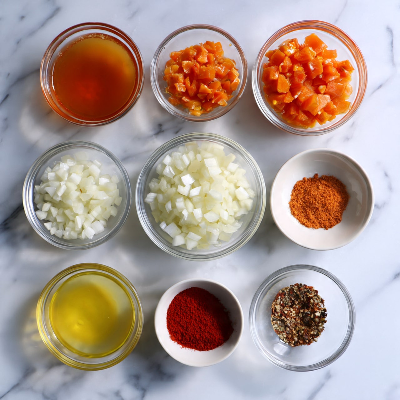 The image shows eight clear glass bowls arranged neatly on a white marbled surface. Each bowl contains a different ingredient: one bowl with a translucent orange-brown liquid, another with diced orange pieces, one with diced light orange pieces, a bowl with chopped white pieces, a bowl of finely chopped white onions, a bowl of light yellow liquid, a smaller bowl of red powder, and a tiny bowl with a dark brown powder. The ingredients are fresh and colorful, placed in an organized manner, with a clean, bright setting. photo taken with an iphone --ar 4:5 --v 7
