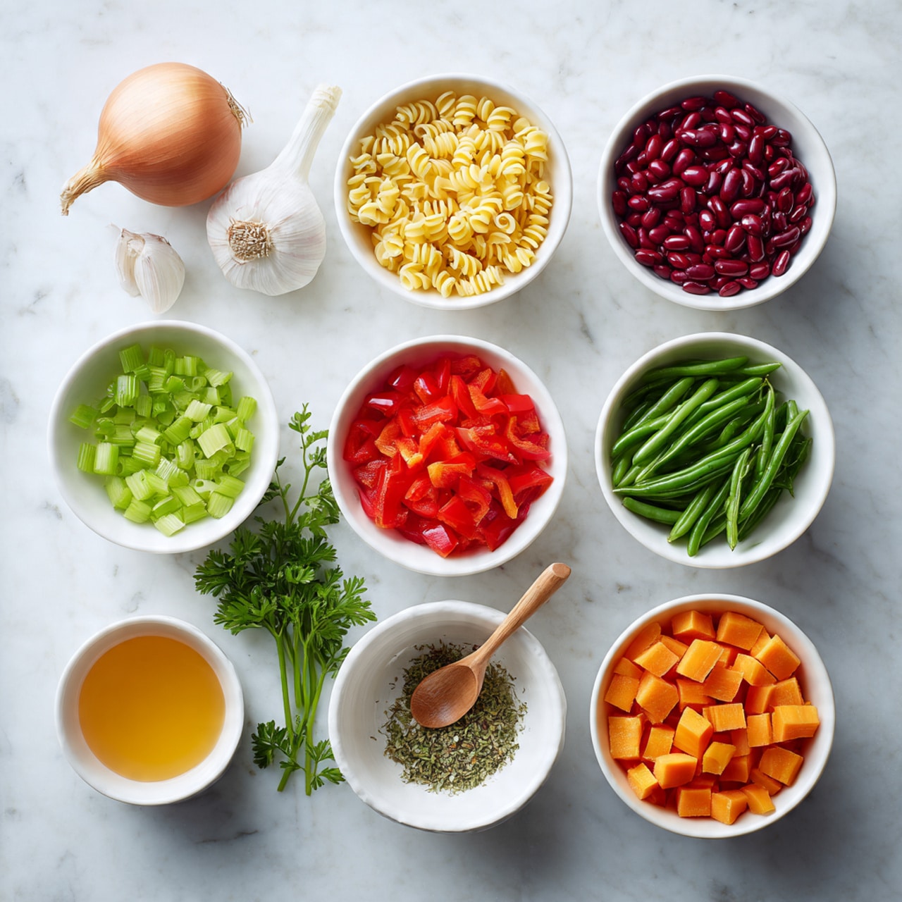 The image shows nine white bowls arranged neatly on a white marbled surface. The top row has an onion with garlic bulbs beside it, a bowl of red kidney beans on the right, and a bowl of elbow macaroni in the middle. The second row contains a bowl of red bell peppers on the right, a bowl of green beans in the middle, and chopped celery on the left. The bottom row has a bowl of orange carrot cubes on the right, a bowl of dried herbs with a small wooden spoon in the middle, and a bowl with a light orange liquid on the left. A small bunch of fresh parsley is next to the celery bowl. The colors are bright and fresh. Photo taken with an iphone --ar 4:5 --v 7