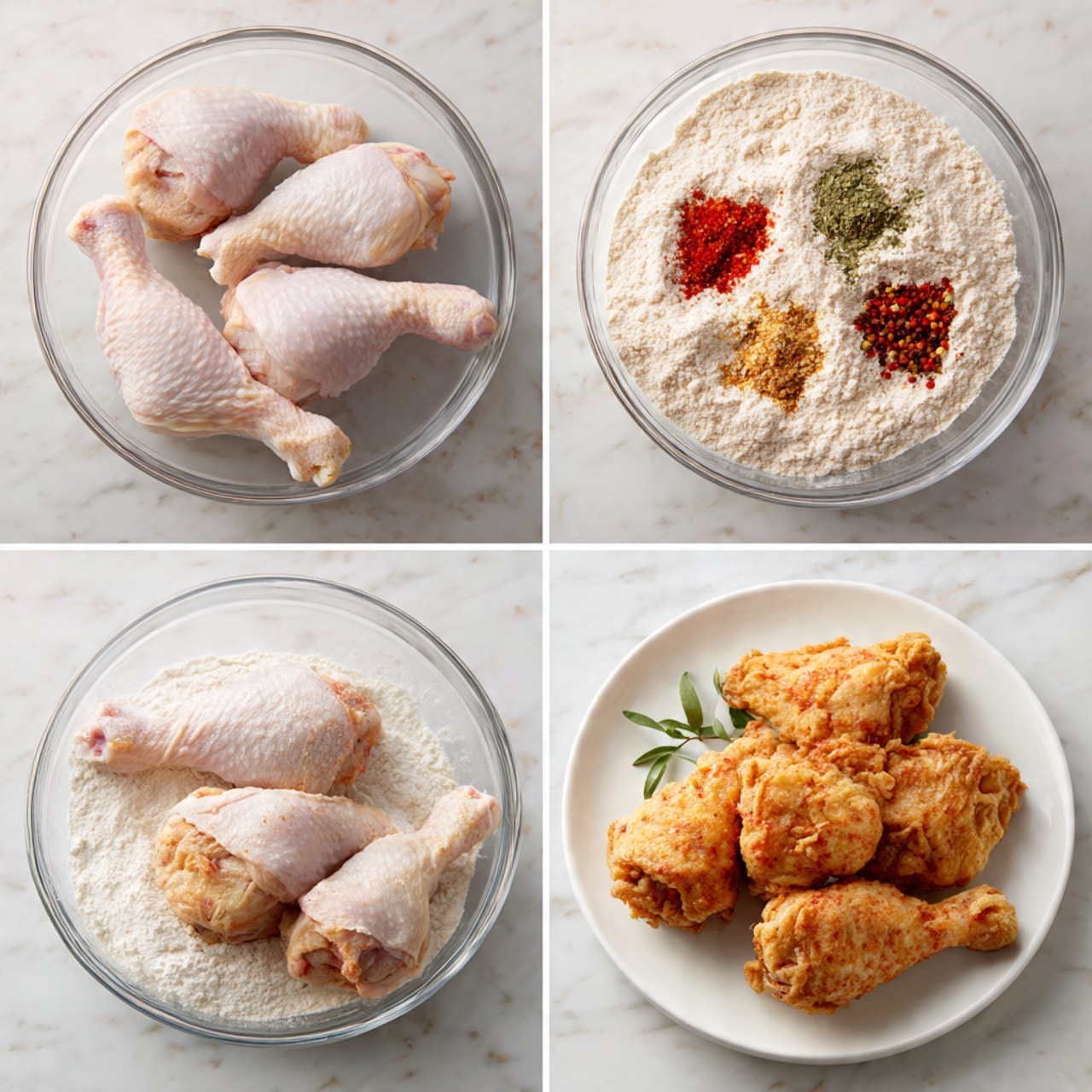 The image shows four panels arranged in a grid, each displaying a step in making fried chicken drumsticks. In the first panel, four raw chicken drumsticks with pale pink skin are placed in a clear glass bowl. The second panel shows a white glass bowl filled with light beige flour topped with small piles of colorful spices, including red, green, and yellow powders arranged neatly. The third panel features a single raw chicken drumstick coated in the flour and spice mix, resting on the white flour inside a clear glass bowl. The fourth panel presents four golden-brown fried chicken drumsticks with a crunchy texture, arranged on a white plate and garnished with a small green herb leaf, all placed on a white marbled surface. Photo taken with an iphone --ar 4:5 --v 7