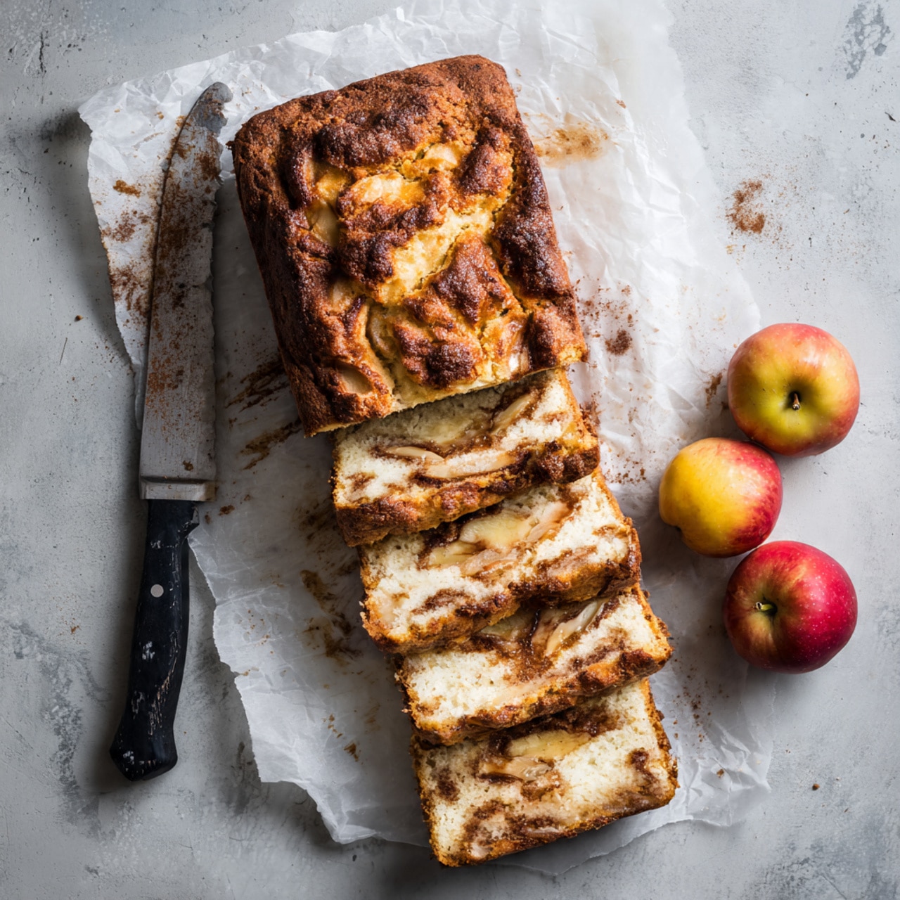 The image shows a loaf cake with a rough golden brown top, speckled with bits of cinnamon and apple chunks. The loaf is partially sliced, revealing five thick pieces with a soft, light yellow inside that has swirls of darker cinnamon spread throughout. The cake sits on a sheet of white parchment paper on a gray surface. A large knife with a black handle rests at the top edge of the paper, with traces of cinnamon on the blade. To the right side, three apples with red and yellow hues are placed near the edge. The overall look is warm and rustic. photo taken with an iphone --ar 4:5 --v 7