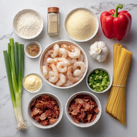 The image shows various cooking ingredients arranged neatly on a white marbled surface. There are two small white bowls at the bottom, one filled with raw shrimp and the other with cooked bacon pieces. Above them, there is a white bowl containing a creamy, beige mixture. Around these bowls are several items: a red bell pepper, two garlic bulbs, two green onions, a stick of butter, a small bowl of flour, packed Italian seasoning, a bottle of Cajun spice, mayonnaise, and a box of spaghetti pasta. The items are spaced evenly, showing a clean and organized setup. photo taken with an iphone --ar 4:5 --v 7