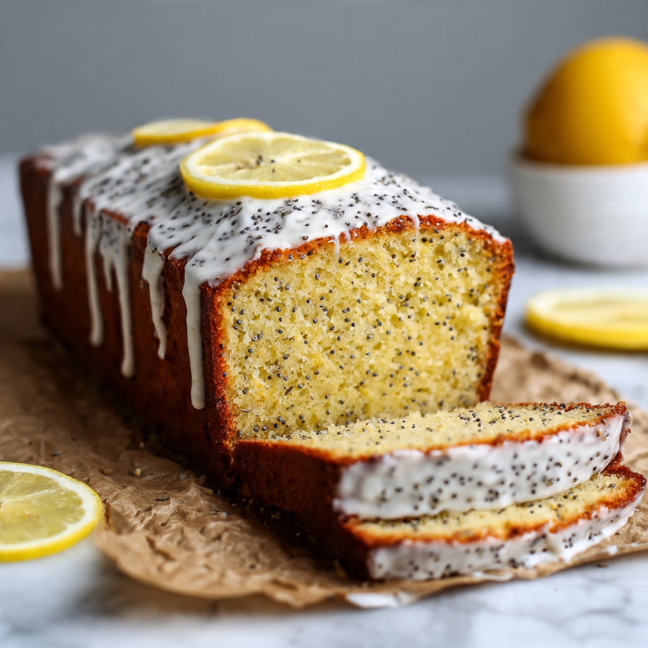 A rectangular loaf of lemon poppy seed cake is placed on crumpled brown paper over a white marbled surface. The cake has three visible layers: the top golden-brown crust, a drizzle of white icing with poppy seeds scattered on top, and a pale yellow inside filled with tiny black poppy seeds. The top layer is decorated with a thin round slice of lemon in the center. Two slices are cut from the front, showing the moist texture inside. There are also two lemon slices blurred in the background near a white bowl with a yellow lemon inside. Photo taken with an iphone --ar 4:5 --v 7