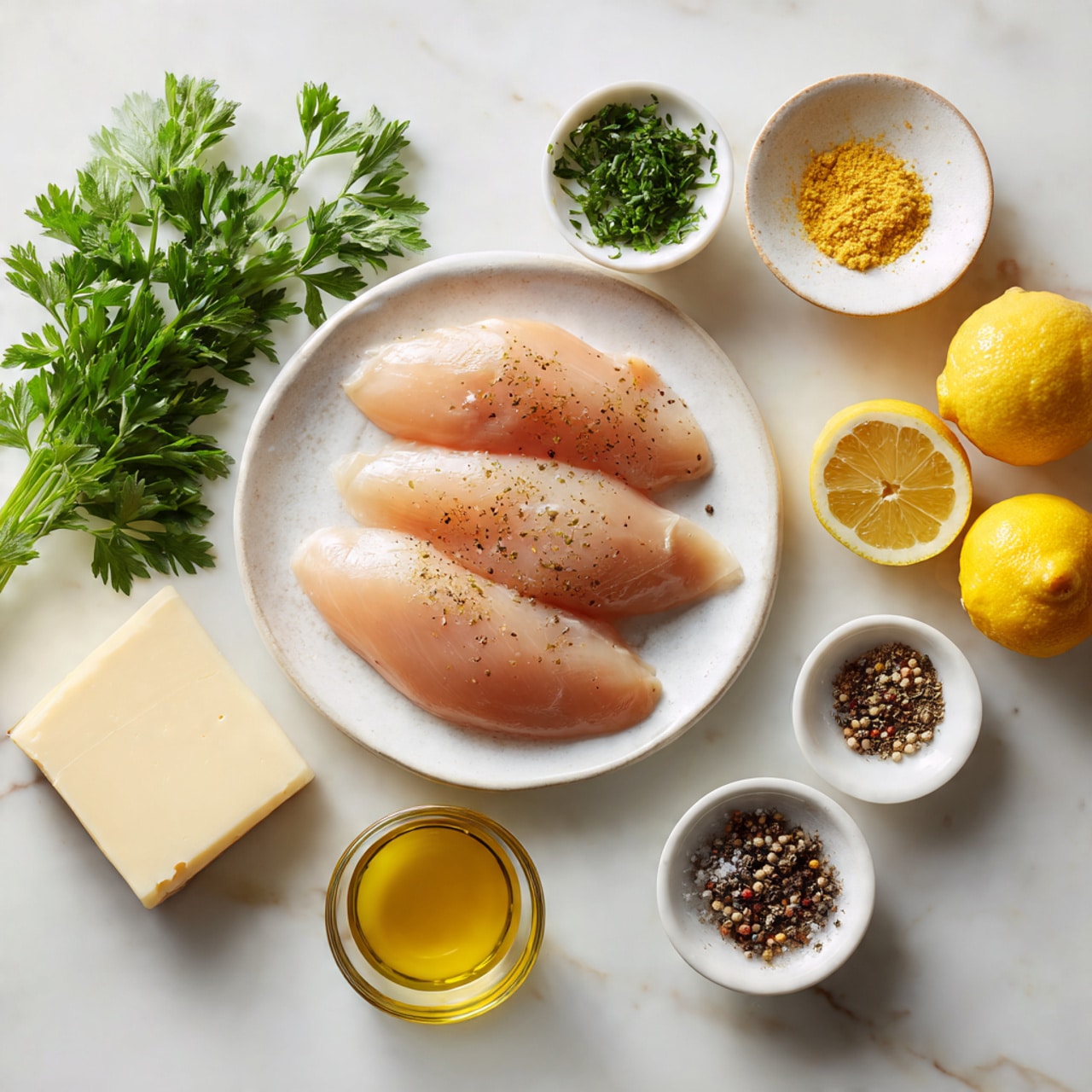 The image shows a white plate holding three raw light pink chicken fillets, arranged side by side. Around the plate, there are fresh green parsley sprigs on the white marbled surface at the top left, a small white bowl with green chopped herbs at the top center, and a small white bowl with a yellow powder near the top right. To the right of the plate, there are two halves of a bright yellow lemon placed with the cut sides facing up. Near the bottom left, there is a rectangular piece of pale yellow cheese and a small clear dish of yellow olive oil. Two small white dishes containing brown and black spices complete the setup near the top right. Photo taken with an iphone --ar 4:5 --v 7