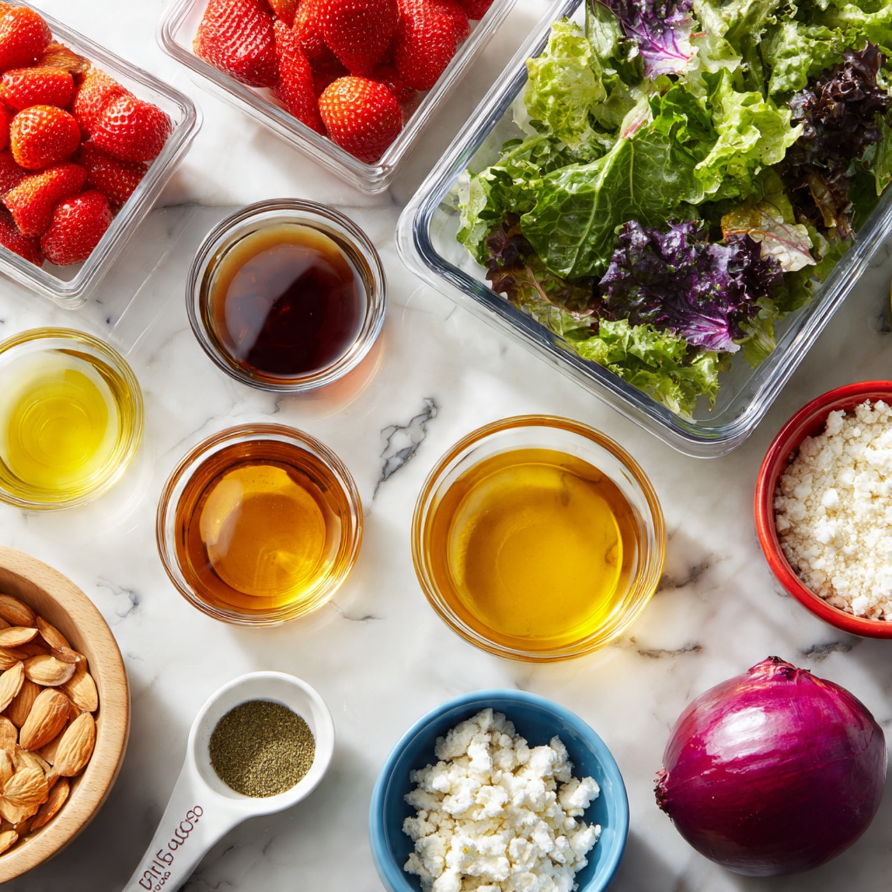 The image shows fresh salad ingredients arranged in neat containers and bowls on a white marbled surface. On the top left are bright red strawberries in a clear plastic box, and next to it on the right is a clear plastic container full of green and purple leafy lettuce. Below, small glass bowls hold golden olive oil, a dark red liquid, and light brown honey. A small red bowl contains a yellow mustard-like sauce, while a wooden bowl has white salt and a blue bowl has green pepper. To the right, there’s a whole purple onion, a white measuring cup filled with crumbled white cheese, and a red bowl filled with sliced almonds. The colors are fresh and vibrant, with a natural look. Photo taken with an iphone --ar 4:5 --v 7