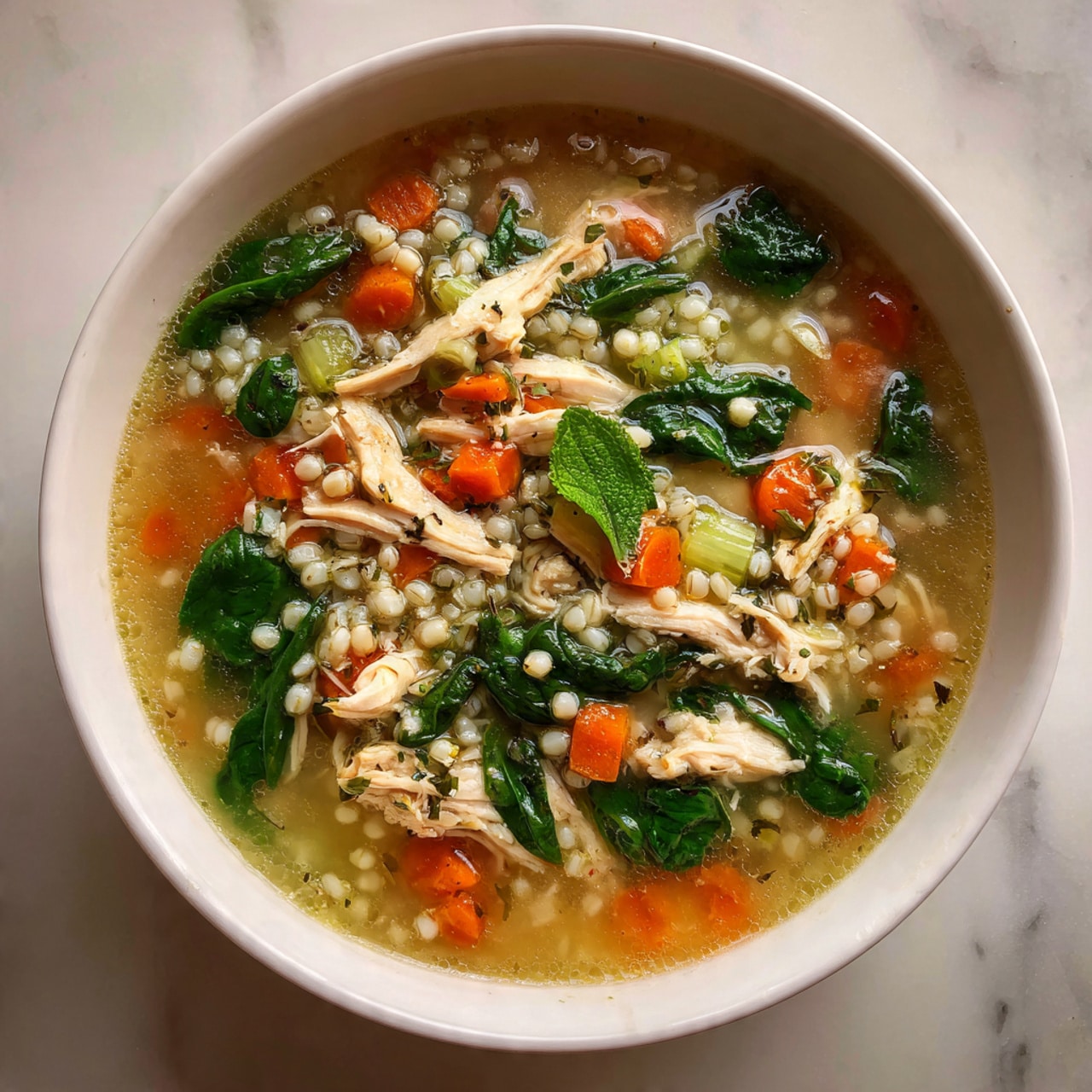 A white bowl filled with clear broth soup containing shredded white chicken layered with bright green spinach leaves, small orange carrot cubes, light green celery pieces, and soft beige barley grains, all mixed evenly in the soup, placed on a white marbled surface. photo taken with an iphone --ar 4:5 --v 7