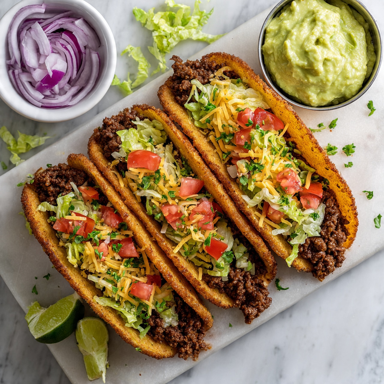 The image shows three fried taco shells filled with layers of dark brown seasoned ground meat at the bottom, topped with shredded light yellow cheese, bright red diced tomatoes mixed with green herbs, and chopped light green lettuce, all sitting on a white marbled textured board. Next to the tacos is a small round metal bowl filled with pale green creamy guacamole, while a small white bowl with sliced purple pickled onions is also visible. Lime wedges in light green color are scattered around the board, along with some lettuce pieces, and the entire scene is set on a white marbled surface. photo taken with an iphone --ar 4:5 --v 7
