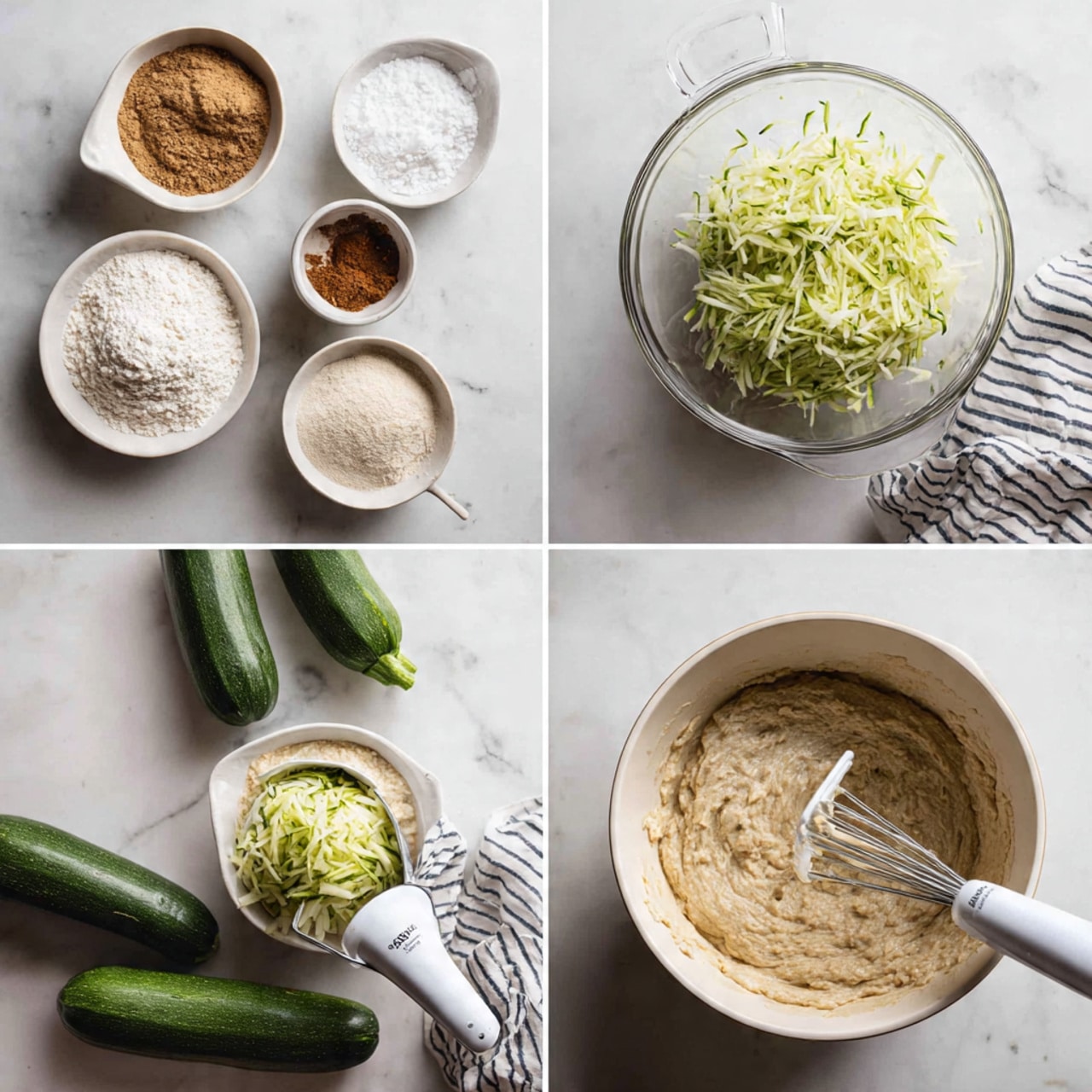 The image shows four steps of making a batter in a clear glass bowl on a white marbled surface. In the first step, the bowl is filled with dry ingredients including white flour, brown cinnamon, and white powders, with a white measuring cup holding 1 cup of green shredded zucchini positioned above. In the second step, a white electric mixer is blending the ingredients into a smooth light brown batter. The third step shows the addition of shredded zucchini on top of the batter, with a white spatula ready to mix it. In the last step, the batter mixed with zucchini is transferred into a white round baking pan with a thick, creamy, light brown mixture speckled with green zucchini pieces. Two whole zucchinis lie nearby and a striped cloth is partially visible. Photo taken with an iphone --ar 4:5 --v 7