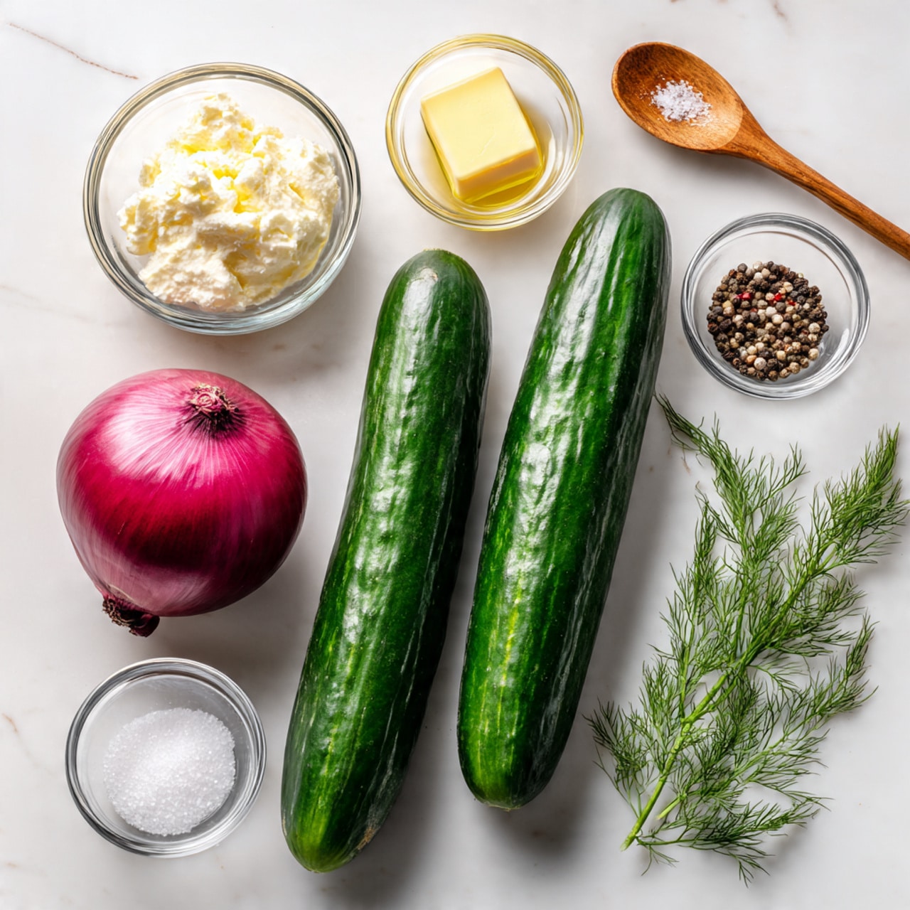 The image shows two long dark green cucumbers placed on a white marbled surface, next to a whole deep red onion with shiny skin. Nearby are three small clear glass bowls containing white creamy substance, beaten yellow butter, and white salt powder. Another two small clear glass bowls hold cracked black pepper and white granulated sugar. There is also a clear glass with water and three green dill sprigs with feathery leaves arranged on the surface. A wooden spoon with a smooth texture lies near the top right corner. The lighting highlights the fresh colors and textures vividly, photo taken with an iphone --ar 4:5 --v 7