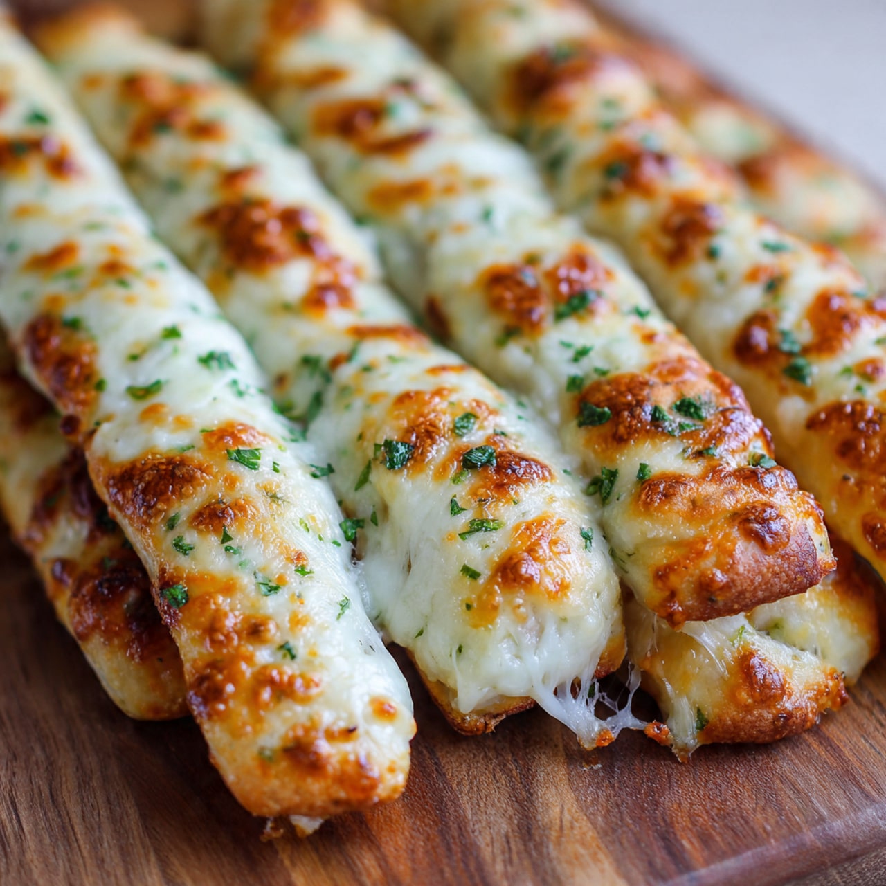The image shows several baked cheesy breadsticks lined up closely on a wooden board. Each breadstick has a golden brown crust with melted cheese covering the top. Small green herb bits are sprinkled evenly over the cheese, adding a touch of color and texture. The breadsticks have a soft, doughy look with slight browning on the edges. The close-up angle highlights the melted cheese’s stretch and the crispy surface of the breadsticks. photo taken with an iphone --ar 4:5 --v 7