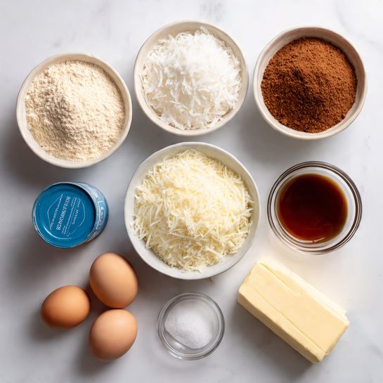 The image shows nine ingredients placed neatly on a white marbled surface. There are three white bowls at the top holding light beige flour on the left, shredded white coconut in the center, and brown sugar on the right. Below, from left to right, there is a small blue-and-white can of sweetened condensed milk, a small clear glass bowl with dark brown vanilla extract, three white eggs arranged in a row, a small clear glass bowl with white salt, and two sticks of pale yellow butter still in paper wrappers placed side by side. The setup is simple and clean, with all ingredients clearly visible and evenly spaced. Photo taken with an iphone --ar 4:5 --v 7