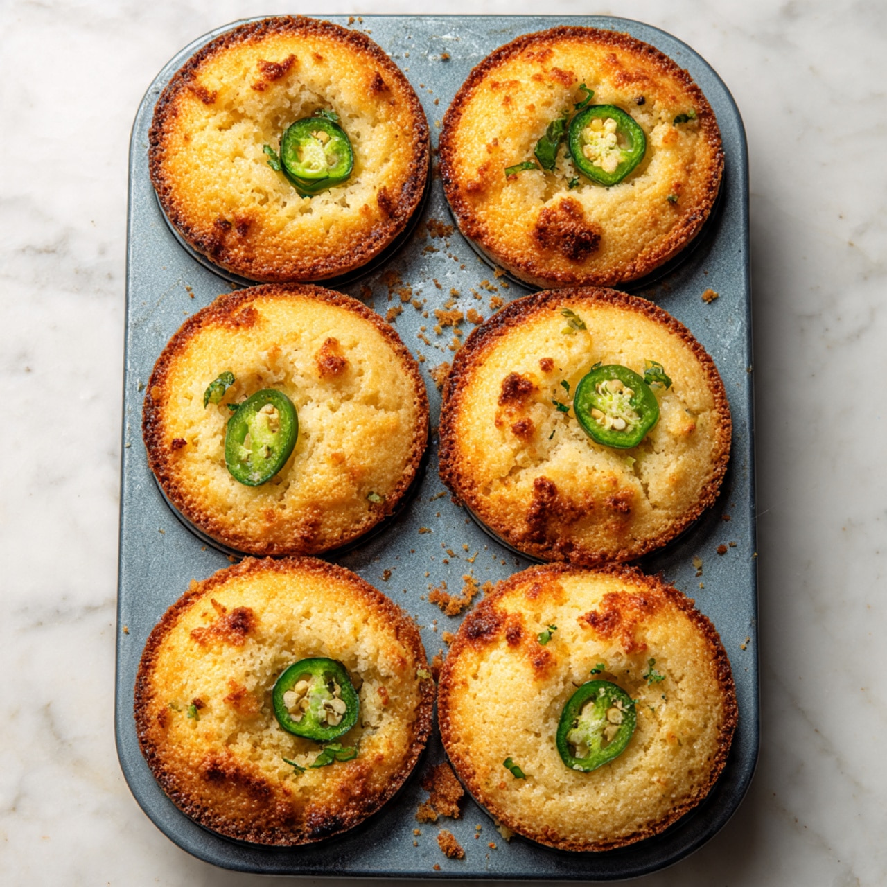 Six golden brown muffins with a slightly rough texture sit in a blue-grey metal muffin tray on a white marbled surface. Each muffin has two or three slices of green jalapeño pepper embedded on top, adding a fresh, spicy touch. The muffins have small browned spots, showing a crispy crust, and their tops are rounded and slightly cracked. The tray has minor crumbs scattered around its cups, enhancing the freshly baked feel. Photo taken with an iphone --ar 4:5 --v 7