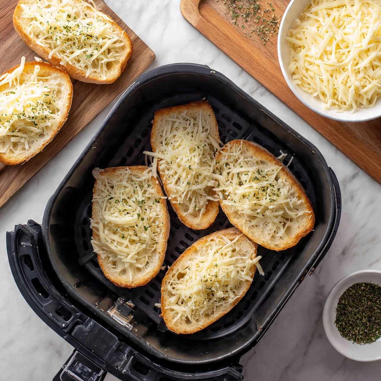 The image shows four slices of bread placed in a black air fryer basket on a white marbled surface, each slice topped with a layer of shredded light yellow cheese sprinkled lightly with green herbs. To the left, two more slices of bread with cheese and herbs sit on a wooden board, and on the upper right corner, there is a white bowl filled with more shredded cheese along with a small white bowl of green dried herbs nearby. The bread slices are oval-shaped with a golden crust and soft beige interior, the cheese looks fresh and soft, and the herbs add a touch of color. Photo taken with an iphone --ar 4:5 --v 7