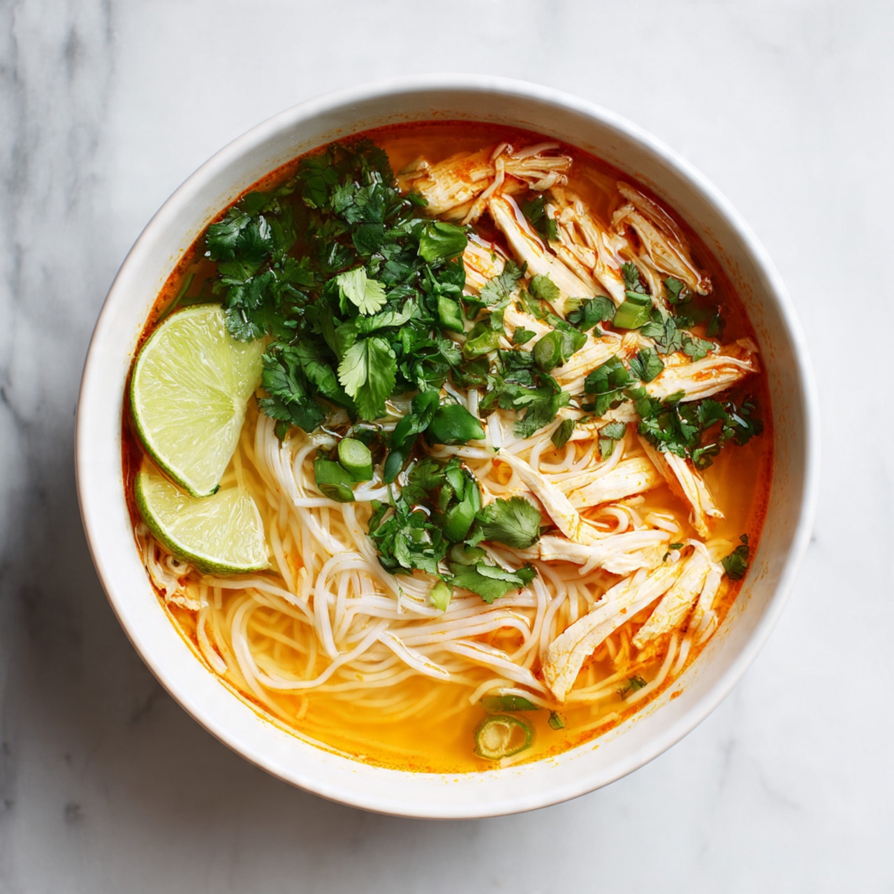 A white bowl filled with two layers of food: the bottom layer shows orange-colored broth with a smooth texture, and floating in it are thin white noodles that form the second layer. On top of the noodles, there are light beige pieces of sliced chicken and bright green fresh herbs scattered around, along with small green vegetable bits. A wedge of pale green lime is placed inside the bowl on the left side. The background is a white marbled texture. Photo taken with an iphone --ar 4:5 --v 7