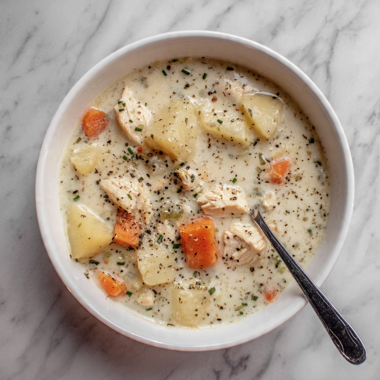 A white bowl filled with creamy chicken soup containing small chunks of light beige chicken, soft yellow pieces of potatoes, and orange carrot slices, all immersed in thick white broth with black pepper sprinkled on top and green chives scattered over the surface. A spoon rests inside the bowl, and the bowl is placed on a white marbled surface. Photo taken with an iphone --ar 4:5 --v 7