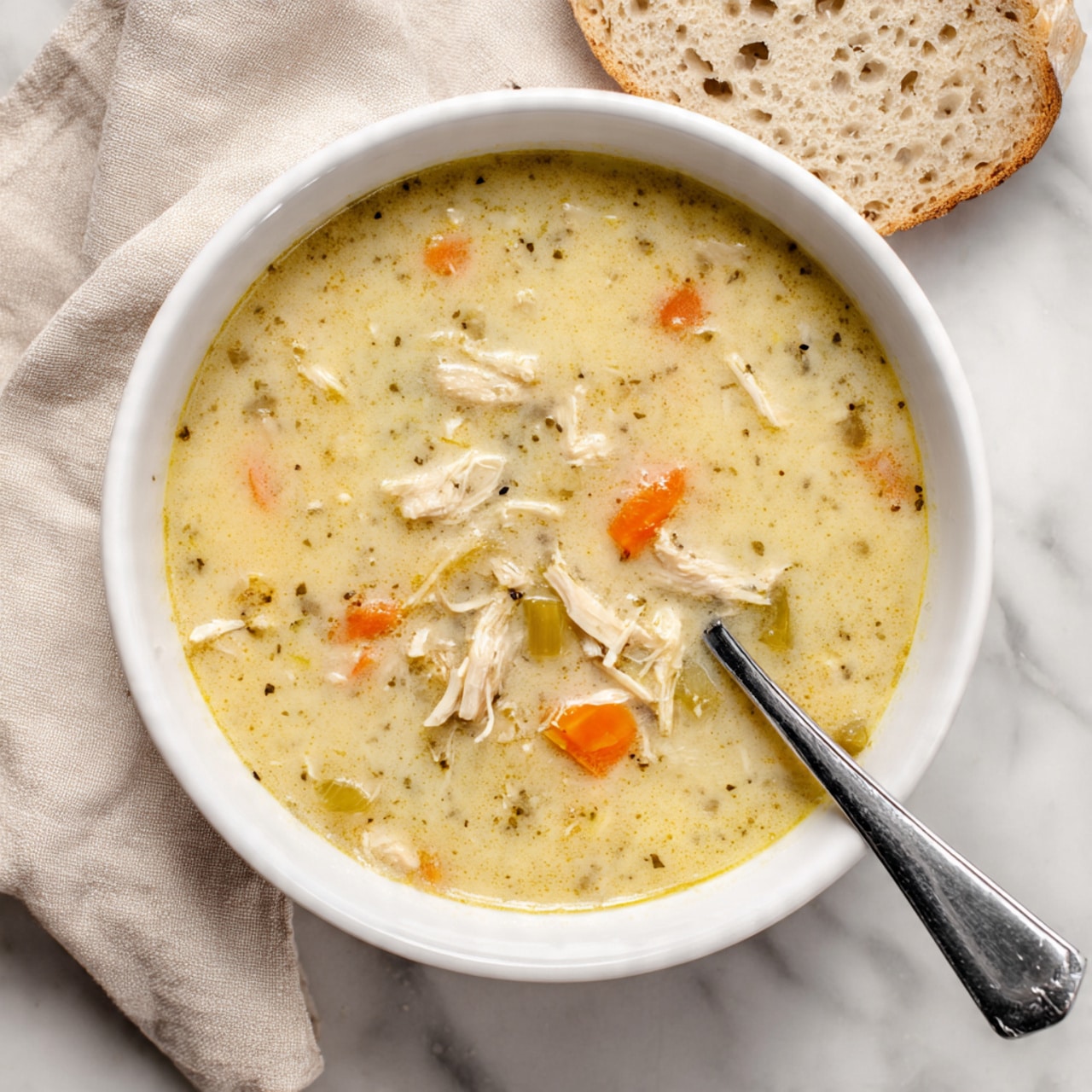The image shows a white bowl filled with creamy chicken soup. The soup has a pale yellow color with visible small pieces of shredded chicken that are white and tender. There are orange carrot slices and some light green bits, possibly celery, mixed in. A silver spoon rests inside the bowl, slightly submerged in the thick soup. The bowl sits on a white marbled surface with a beige cloth napkin nearby and a piece of light-colored bread with holes in it partially visible at the top. Photo taken with an iphone --ar 4:5 --v 7