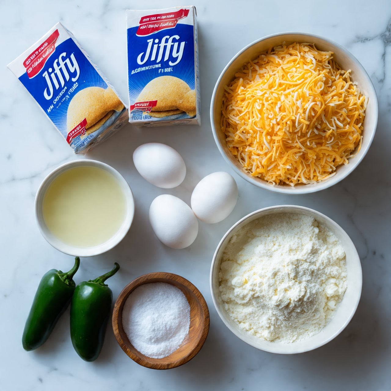 The image shows ingredients arranged on a white marbled surface, including two boxes of Jiffy corn muffin mix with blue and red text, a white bowl filled with shredded yellow and orange cheese on the right, a smaller white bowl with white creamy substance below the cheese, two white eggs placed side by side near the center, a small wooden bowl filled with white granulated sugar above two green jalapeños on the bottom left, and a white bowl filled with melted butter near the sugar. The items are neatly spaced and well lit, giving a clear view of all ingredients. photo taken with an iphone --ar 4:5 --v 7