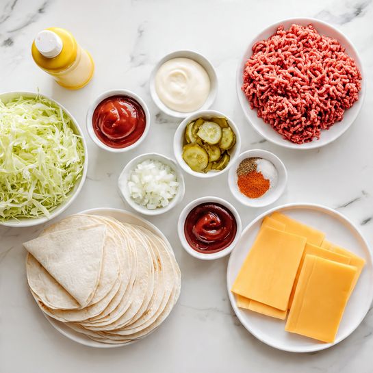 The image shows several ingredients arranged neatly on a white marbled surface. From top right, there is a white plate with bright red raw ground meat that has a curly texture on its surface. Below it, there are small white bowls; one filled with creamy white sauce, one with dark red ketchup, one with finely chopped pale green pickles, one with diced white onions, and one with a reddish powder and another with pale yellow powder. To the left, a larger white bowl holds light green shredded lettuce. Below, a white plate carries several soft, light beige tortillas stacked on top of each other, and next to it are eight slices of bright orange cheese stacked neatly. At the top left corner, a yellow mustard bottle is visible. The whole setup is bright and clean, with a simple and fresh feel. Photo taken with an iphone --ar 4:5 --v 7