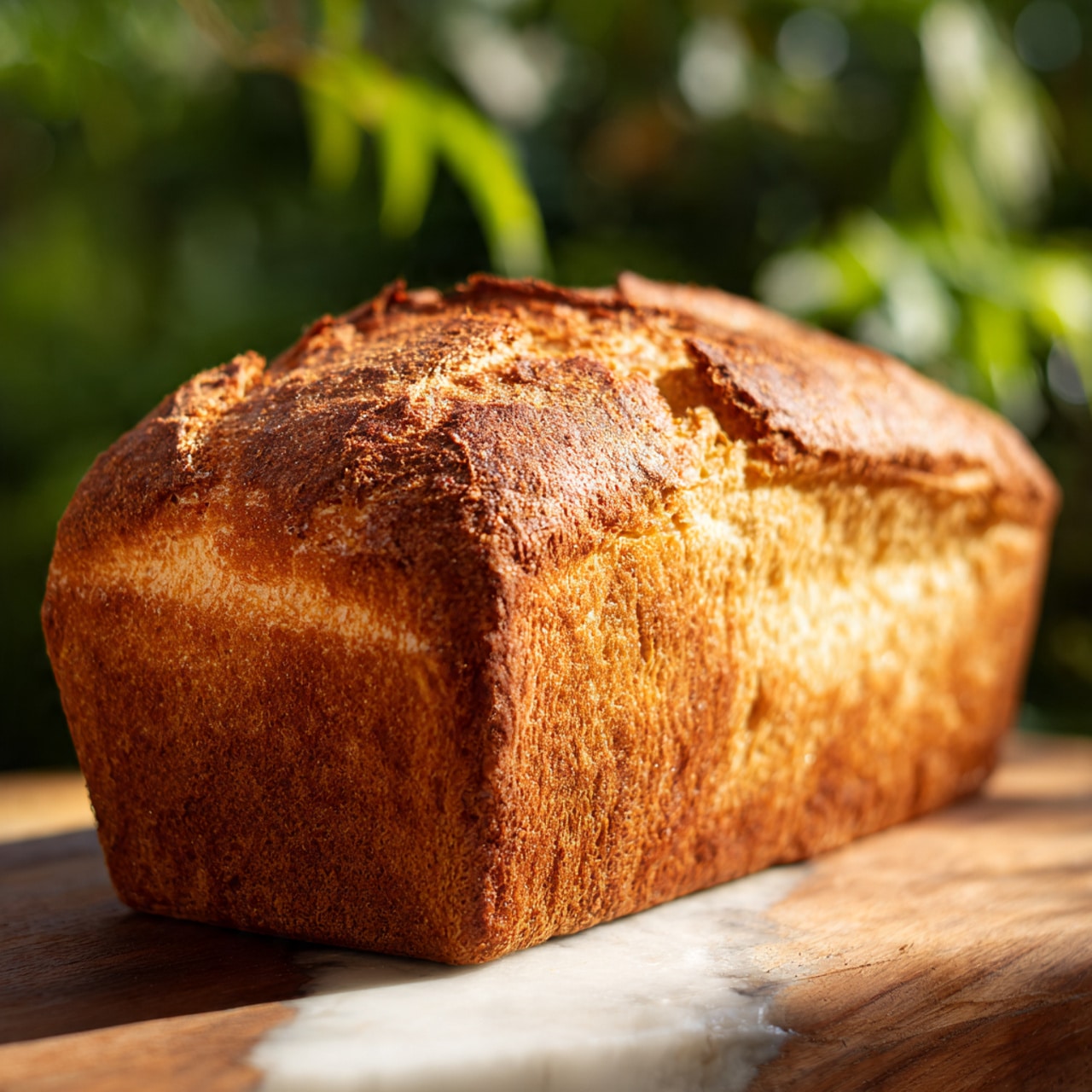 A close-up of a freshly baked loaf of bread with a golden-brown crust, showing a rough and textured surface with cracks on top. The loaf is rectangular and sits on a wooden board placed on a white marbled surface. The background is softly blurred with green leaves peeking in the corner, adding a fresh, natural touch to the scene. The bread looks dense and hearty with a firm crust. Photo taken with an iphone --ar 4:5 --v 7