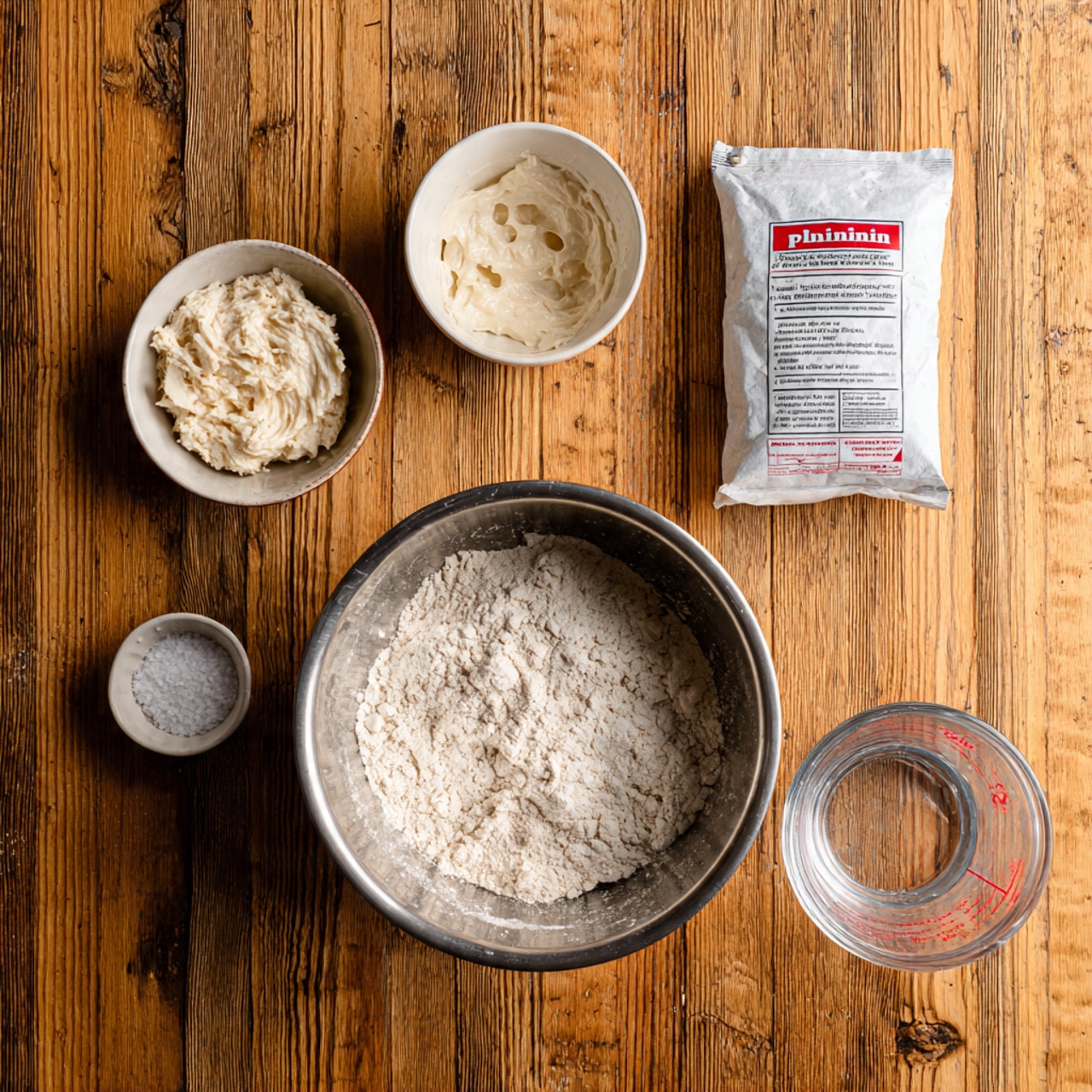 The image shows five baking ingredients arranged on a wooden surface with a light brown color and grain texture. At the center bottom is a shiny silver metal bowl filled with off-white flour that looks slightly clumpy. To the top left, a small white bowl holds a creamy, thick mixture with a pale cream color and some bubbles on top. Next to it, in the middle top, is a white packet of platinum brand baking yeast with red and gray text. At the bottom left, there is a small clear glass bowl containing a white granular substance that looks like salt. To the right side, a clear glass measuring cup shows transparent water with red measuring lines. photo taken with an iphone --ar 4:5 --v 7