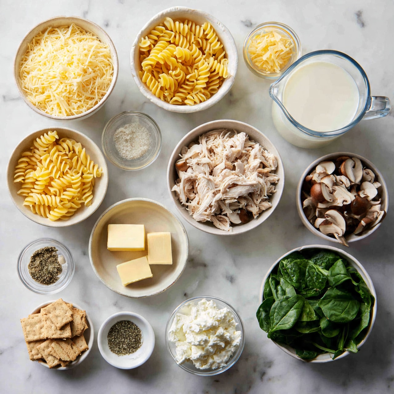 A white marbled surface holds many small white bowls and clear glass bowls arranged neatly, each containing different ingredients: shredded pale yellow cheese fills two bowls, one large bowl holds yellow spiral pasta, while another holds shredded light brown cooked chicken. Sliced brown mushrooms fill one bowl, and bright green fresh spinach leaves fill another. There is a clear glass measuring cup filled with white milk, a bowl with soft white ricotta cheese, a few chunks of pale yellow butter in a bowl, and small bowls with minced garlic, dried herbs, black pepper, mustard, flour, chopped onions, salt, and crushed crackers. The setup looks clean and bright. Photo taken with an iphone --ar 4:5 --v 7