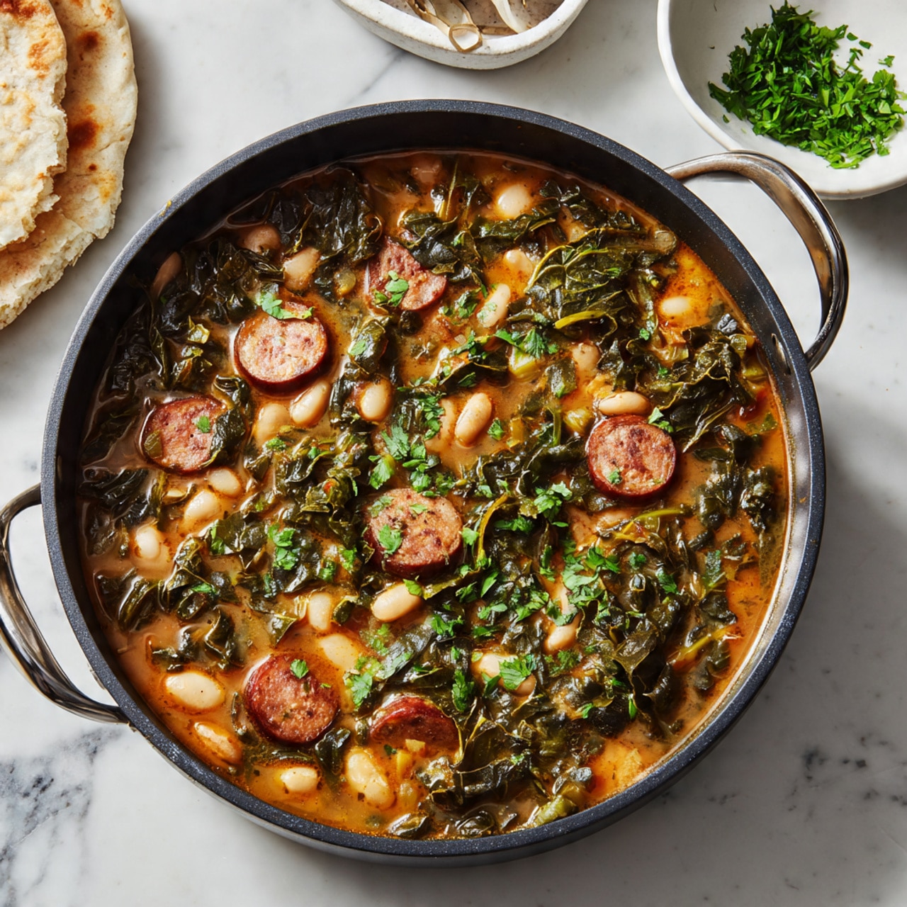 A black pan sits on a white marbled surface filled with a thick stew that has an orange-brown color. The stew includes visible small white beans, leafy green herbs, and pieces of sausage in slices. Some green herbs are sprinkled on top, adding texture and color contrast. The pan handles are metallic and shiny. In the background, there is a small white bowl with finely chopped green herbs and a piece of flatbread beside the pan. photo taken with an iphone --ar 4:5 --v 7