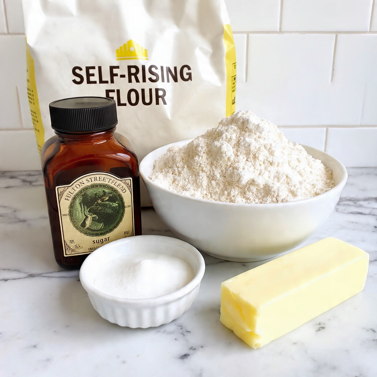 The image shows four main items placed on a white marbled surface. On the left, there is a dark brown glass bottle with a detailed label showing the words