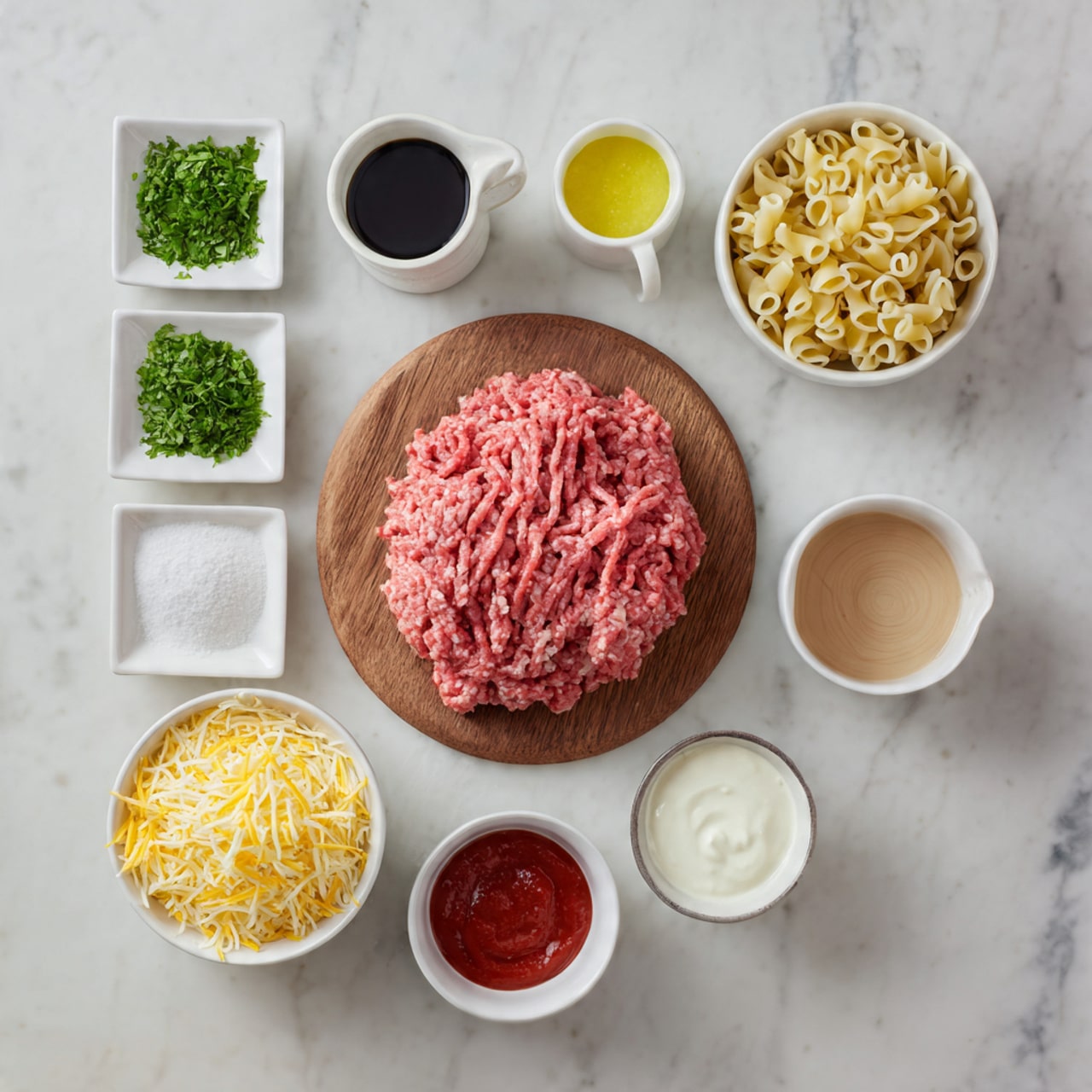 The image shows ingredients neatly arranged on a white marbled surface. At the top center is a round wooden board holding pink ground meat with a small white cup of yellow sauce on its side. To the left of the board is a small white cup with black liquid and three small square white dishes holding green chopped herbs, salt, and white powder. Below these are shredded yellow cheese and fine white powder in white bowls. To the right of the wooden board is a white bowl full of small pasta pieces, and below it are a cup of white cream and two small white bowls with red sauce and light brown broth. The arrangement is clean and organized, looking ready for cooking. Photo taken with an iphone --ar 4:5 --v 7