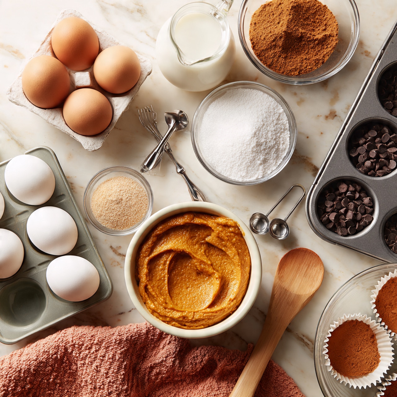 The image shows an overhead view of baking ingredients and tools arranged on a white marbled surface. There are four eggs, with three in a white egg tray and one placed next to it. A small glass pitcher of milk is near the top center. To the right, an off-white bowl holds a thick, smooth orange puree. Nearby, there are glass bowls filled with white granulated sugar and light brown sugar. A small glass dish contains ground cinnamon, with chocolate chips scattered beside and inside a small metal measuring cup. A set of metal measuring spoons and cups are spread around, along with a metal muffin pan holding a few beige paper liners. At the bottom right, a large clear mixing bowl has a wooden spoon resting inside. A textured peach-colored towel is seen in the lower left corner. Photo taken with an iphone --ar 4:5 --v 7