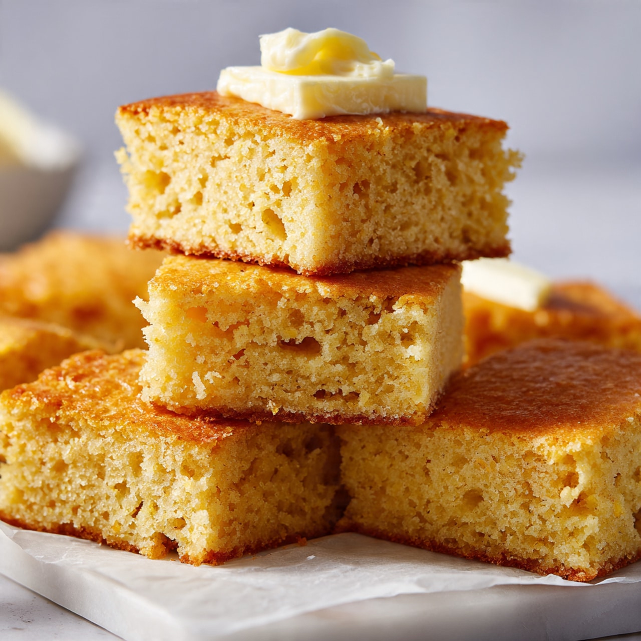 The image shows several square pieces of soft, golden-brown cornbread stacked in two layers on white parchment paper on a white marbled surface. The bottom layer has three pieces, while the top layer has one piece centered on the others. The cornbread has a crumbly texture with visible small holes inside. On top of the upper cornbread piece, there is a small dollop of creamy, pale yellow butter. The background is blurred with light colors, focusing the attention on the cornbread stack. Photo taken with an iphone --ar 4:5 --v 7