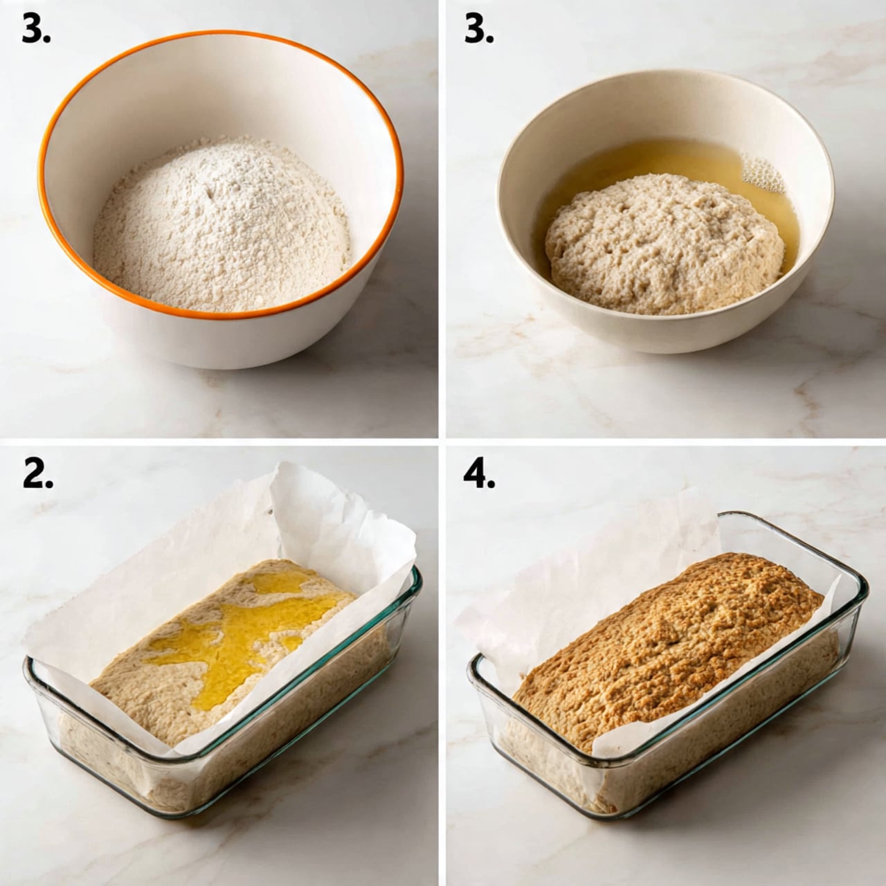 The image shows six steps of making bread dough on a white marbled surface. Step 1 is a white bowl with an orange rim filled with white flour. Step 2 is the same bowl filled with a mixture of foamy, light beige liquid. Step 3 shows the bowl with a sticky, rough-textured dough inside. Step 4 displays the dough spread unevenly in a glass rectangular loaf pan lined with white parchment paper. Step 5 shows the dough in the same pan covered unevenly with melted yellow butter. Step 6 is the baked bread in the glass pan, with a golden-brown, crispy, and uneven cracked top crust. Photo taken with an iphone --ar 4:5 --v 7
