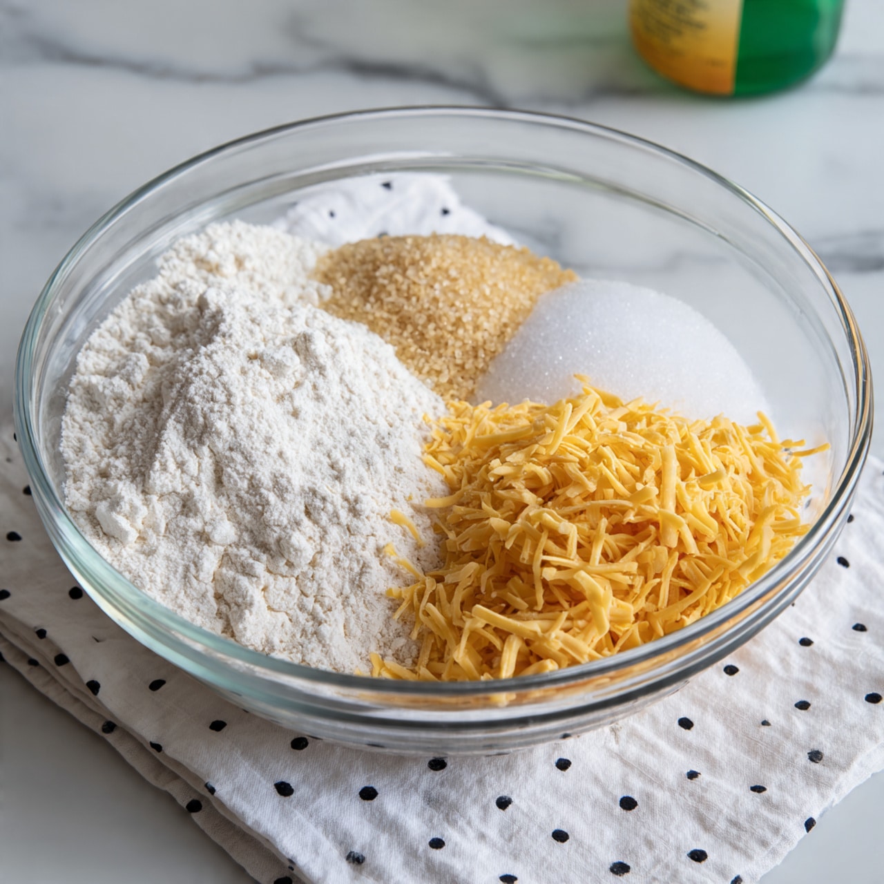 A clear glass bowl holds four distinct layers of dry ingredients evenly spread but not mixed. From the left, there is a thick white flour layer with a soft powdery texture; next to it is a fine white granulated sugar pile; to the upper middle-left, a small pile of light beige granules, and on the right side, a heap of shredded yellow cheddar cheese strands. The bowl sits on a white cloth with black polka dots, and the background is a white marbled texture with a small part of a green and yellow bottle visible behind the bowl. photo taken with an iphone --ar 4:5 --v 7