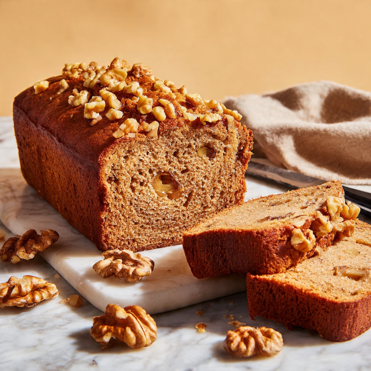 A loaf cake with a golden brown crust topped with a layer of chopped walnuts sits on a white marbled surface, with two slices cut from the front revealing a moist, light brown interior filled with walnut pieces. More whole walnut halves and pieces are scattered around the cake, along with a rough beige cloth in the background. A knife with a black handle is partly visible at the bottom right corner. The overall scene has warm lighting, highlighting the texture and color of the cake and nuts. photo taken with an iphone --ar 4:5 --v 7